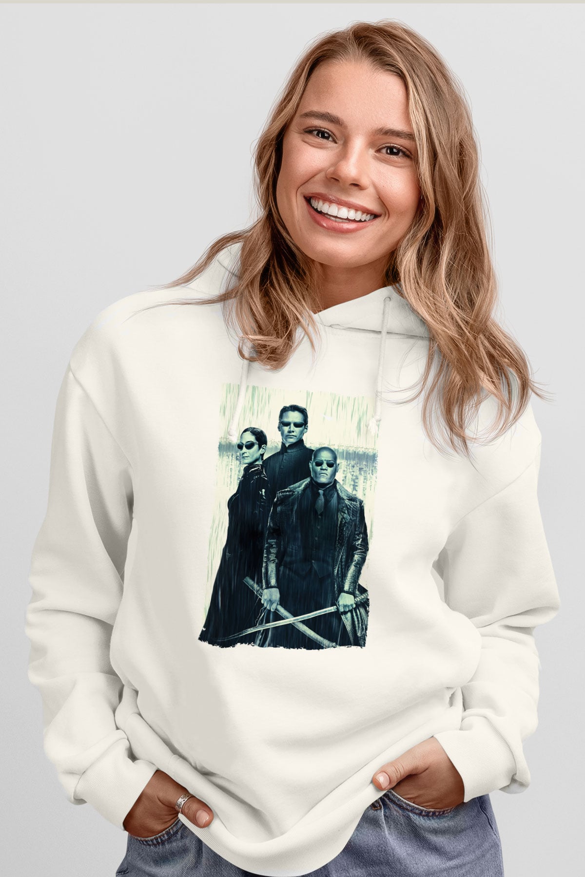 Unisex The Matrix Revolutions Baskılı Beyaz Kapüşonlu Sweatshirt