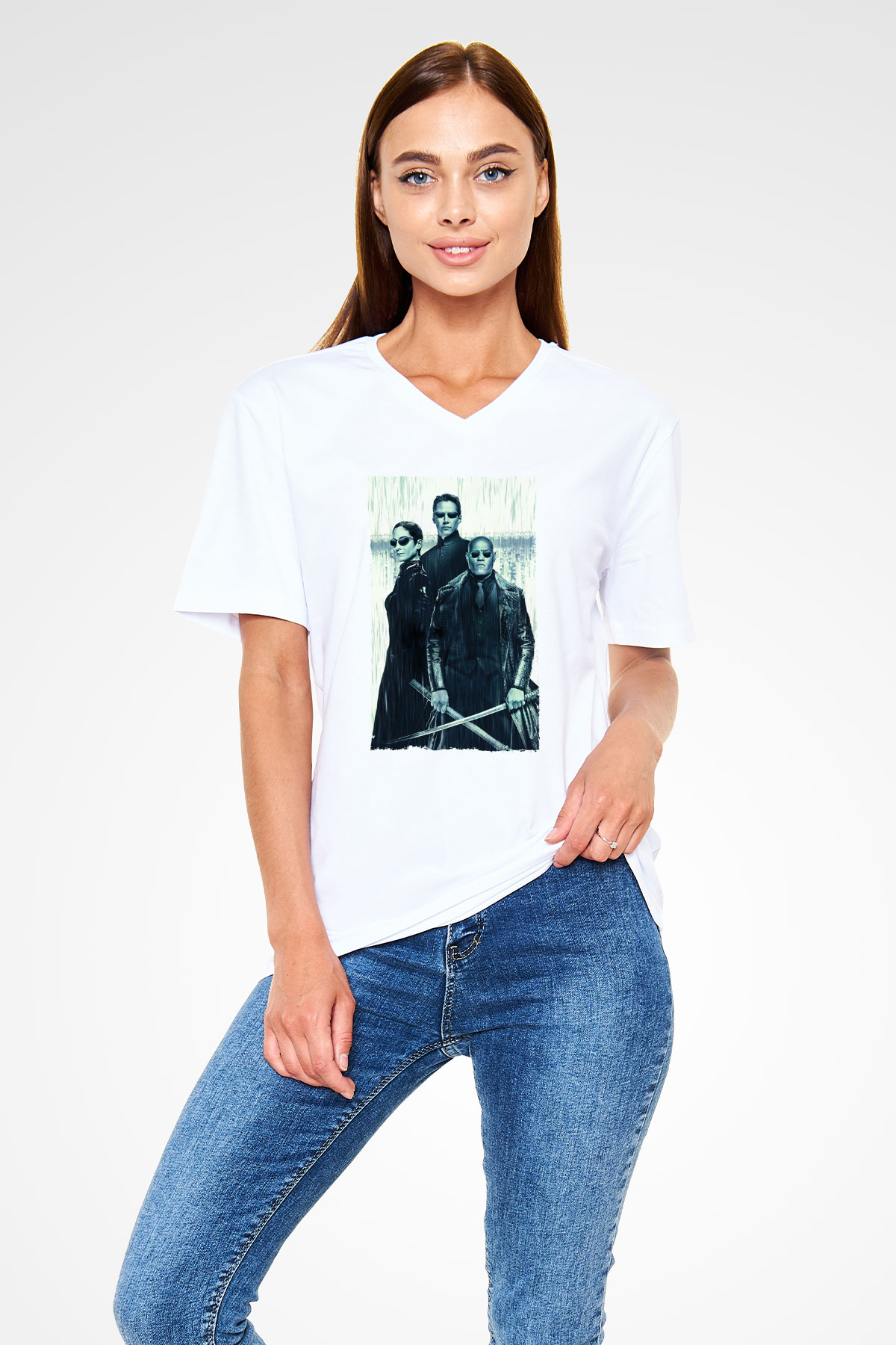 Unisex The Matrix Revolutions Baskılı Beyaz V Yaka Tişört