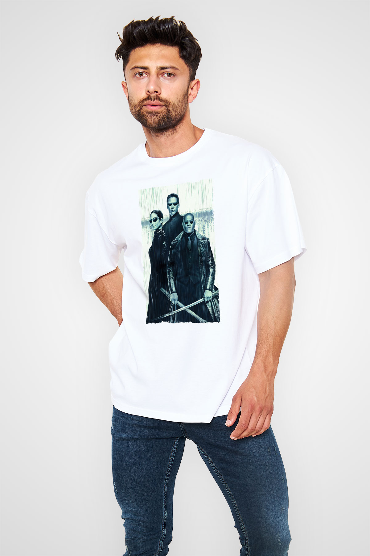 Unisex The Matrix Revolutions Baskılı Beyaz Oversize Tişört