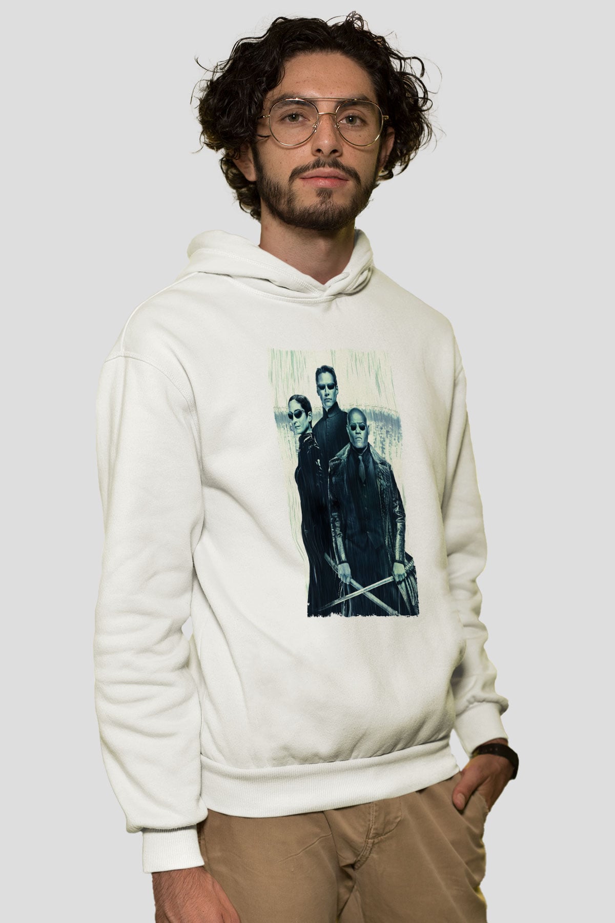 Unisex The Matrix Revolutions Baskılı Beyaz Kapüşonlu Sweatshirt