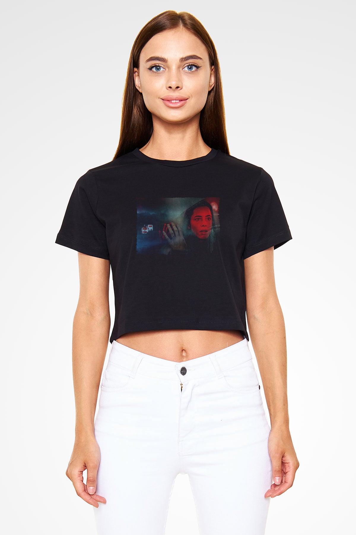 Unisex The Night House Baskılı Siyah Crop Top Tişört