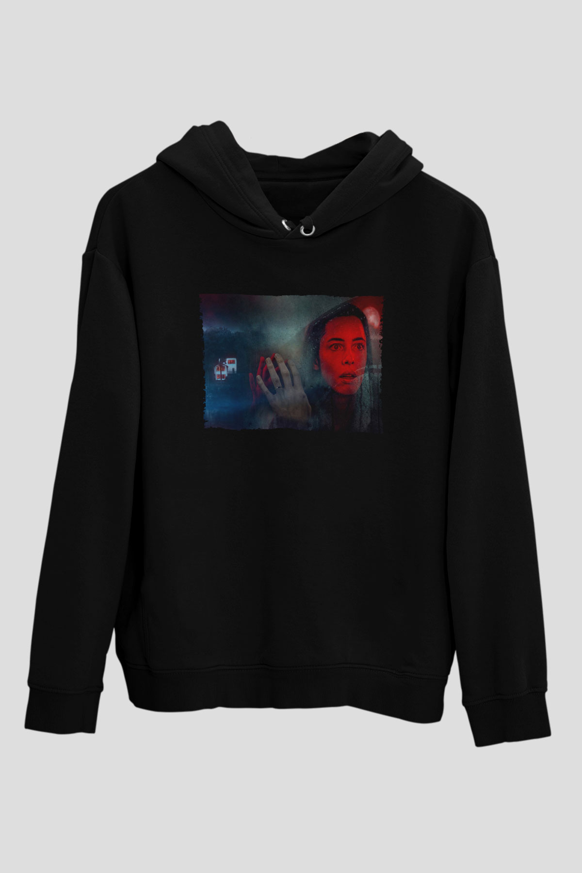 Unisex The Night House Baskılı Siyah Kapüşonlu Sweatshirt