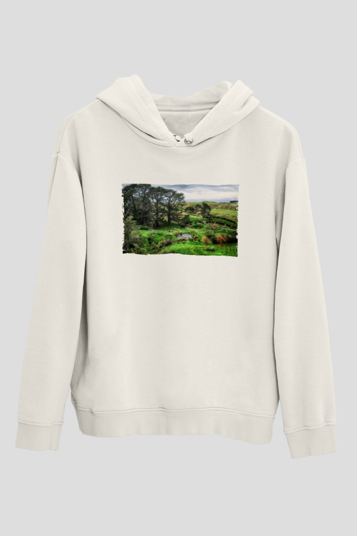 Unisex The Shire Baskılı Beyaz Kapüşonlu Sweatshirt