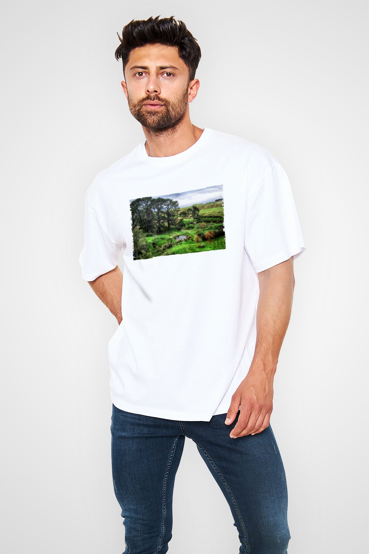 Unisex The Shire Baskılı Beyaz Oversize Oversize T-shirt
