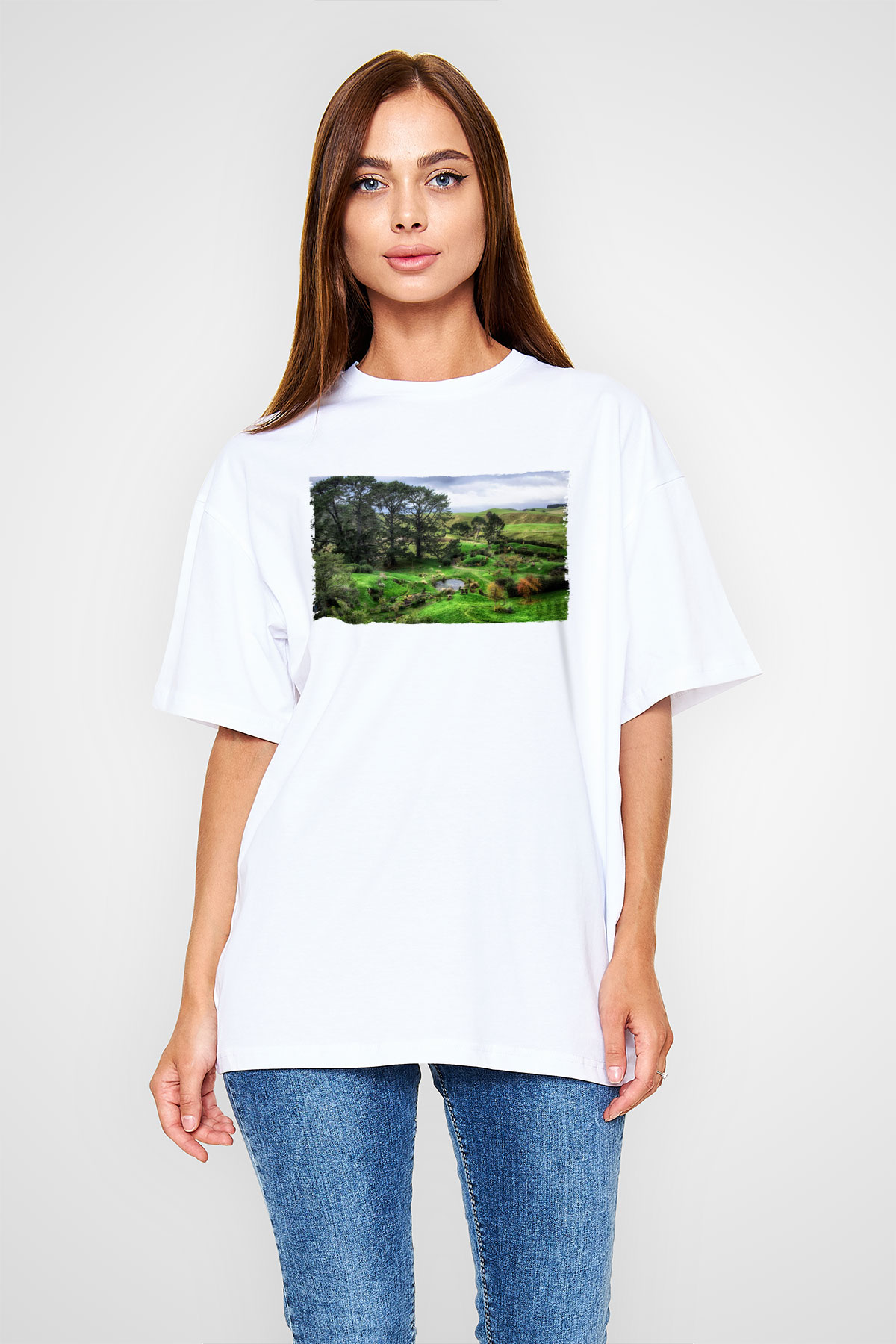Unisex The Shire Baskılı Beyaz Oversize Oversize T-shirt