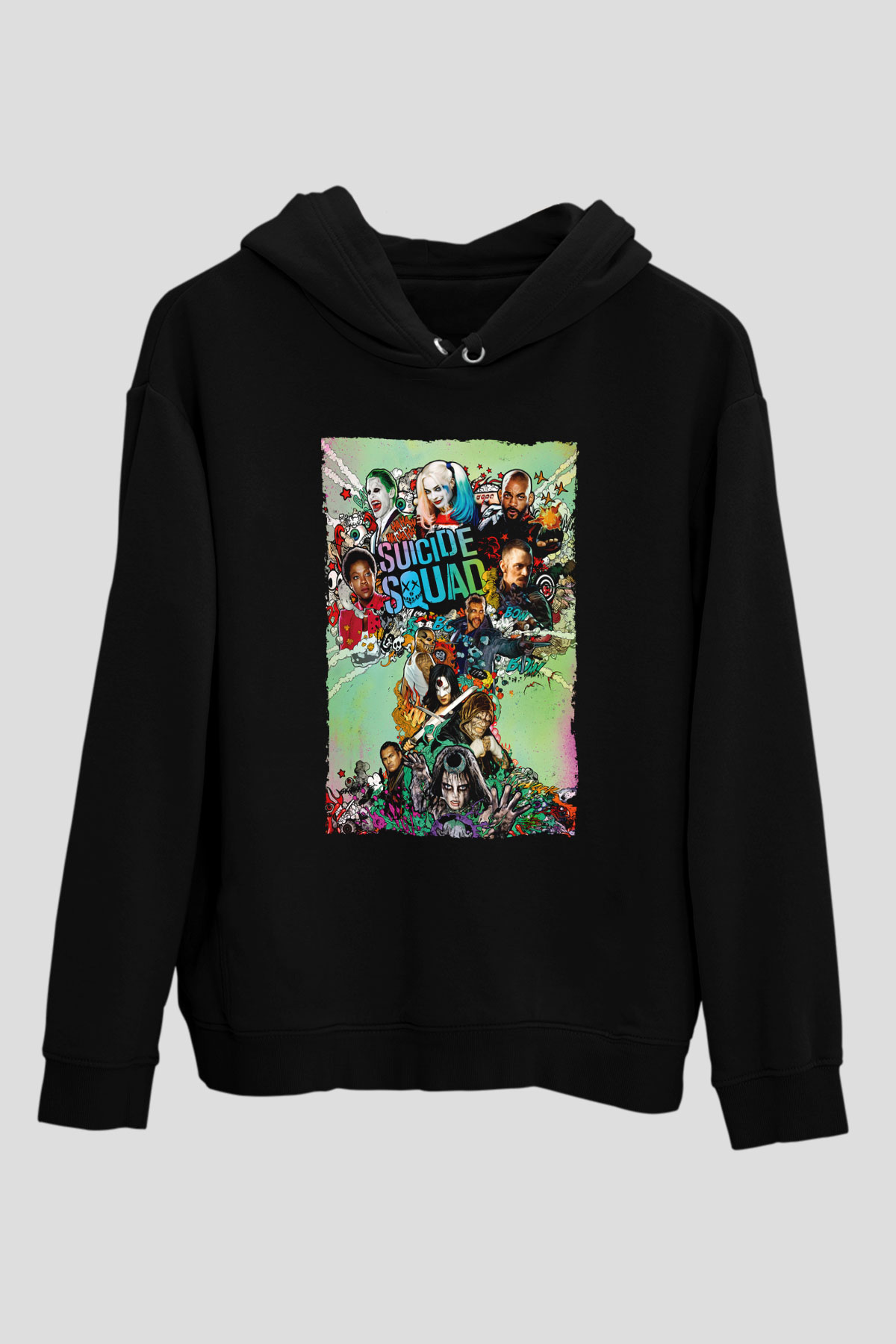 Unisex The Suicide Squad İntihar Timi (The Suicide Squad) Baskılı Siyah Kapüşonlu Sweatshirt
