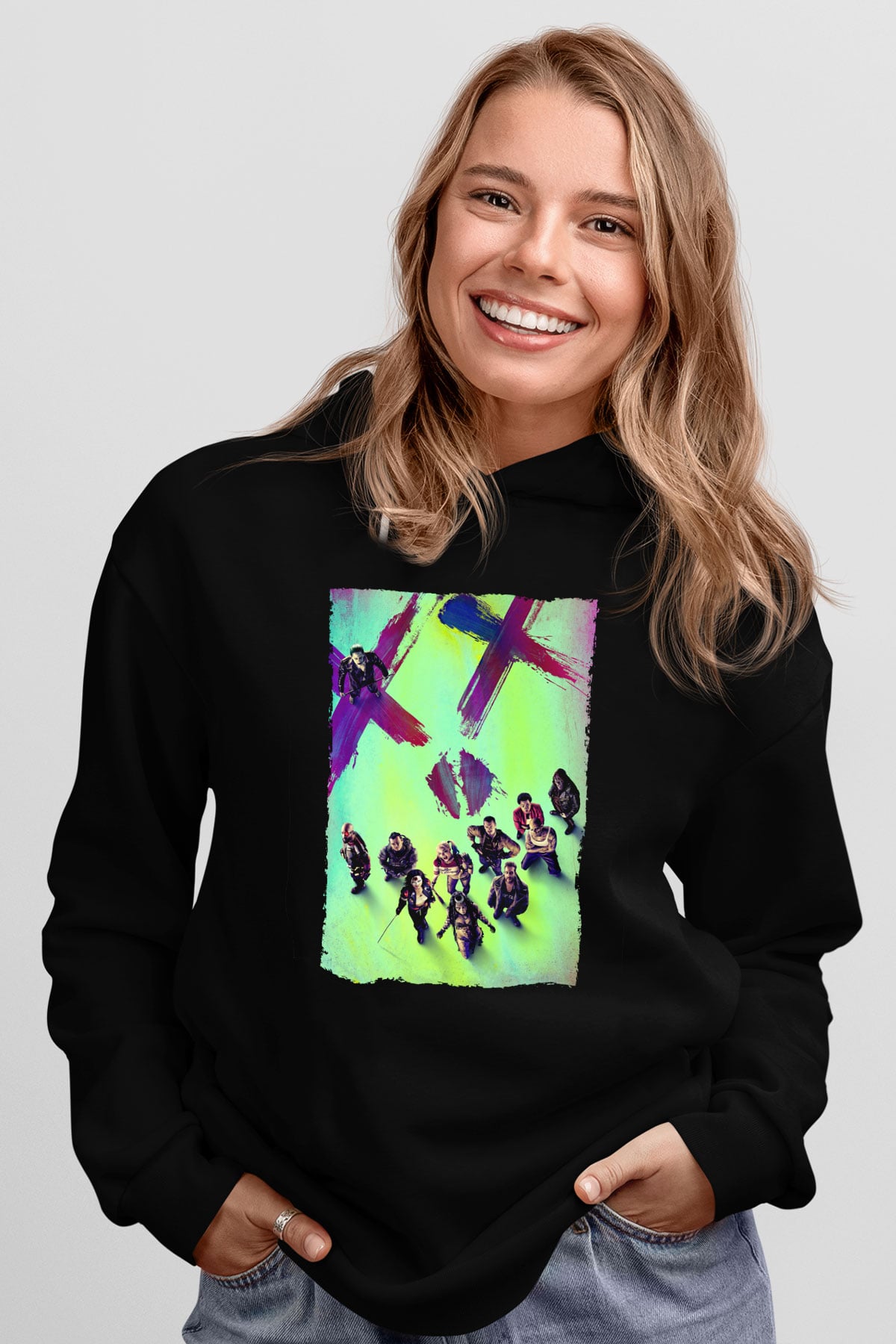 Unisex The Suicide Squad İntihar Timi (The Suicide Squad) Baskılı Siyah Kapüşonlu Sweatshirt