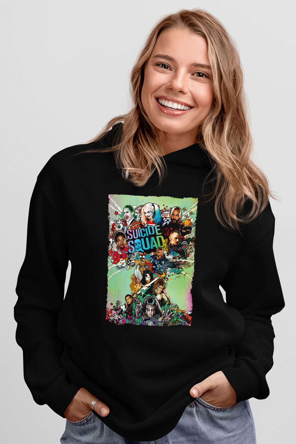Unisex The Suicide Squad İntihar Timi (The Suicide Squad) Baskılı Siyah Kapüşonlu Sweatshirt