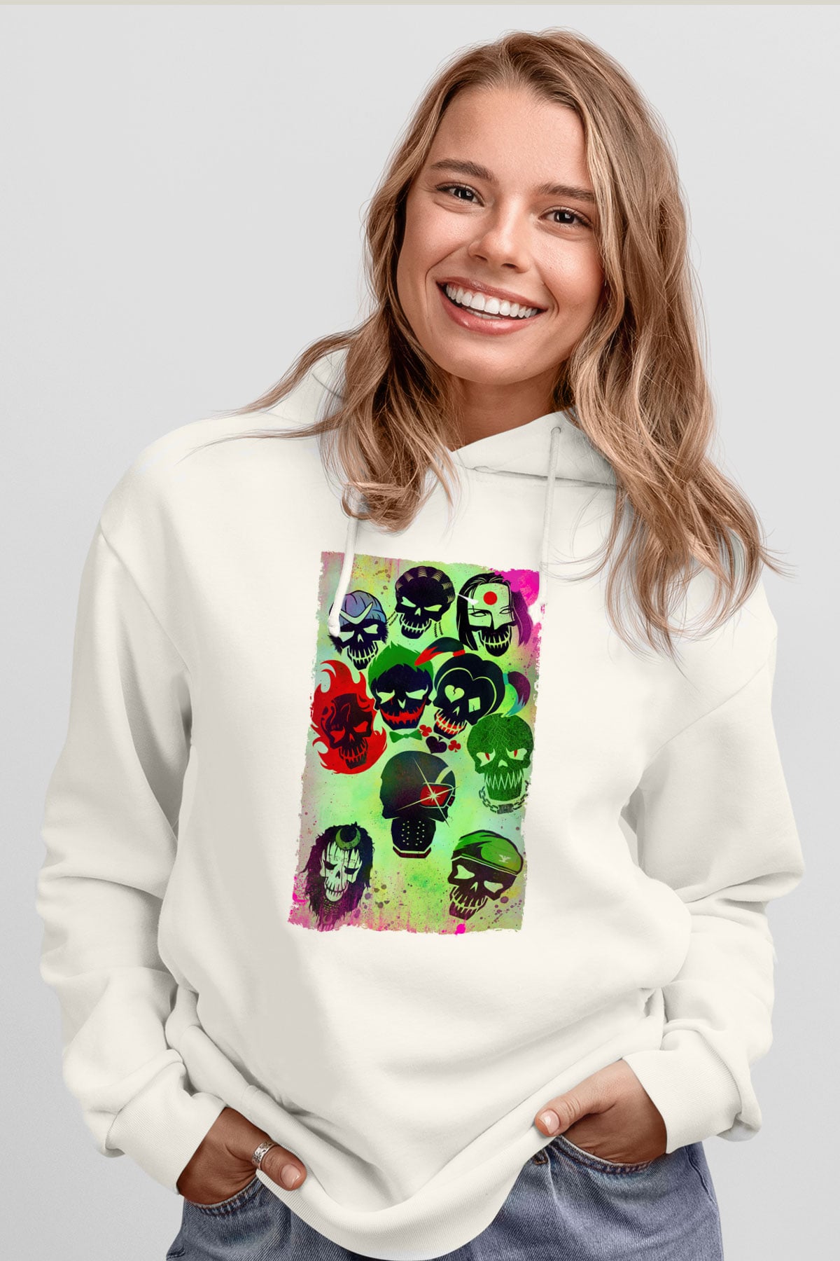Unisex The Suicide Squad (İntihar Timi) Baskılı Beyaz Kapüşonlu Sweatshirt