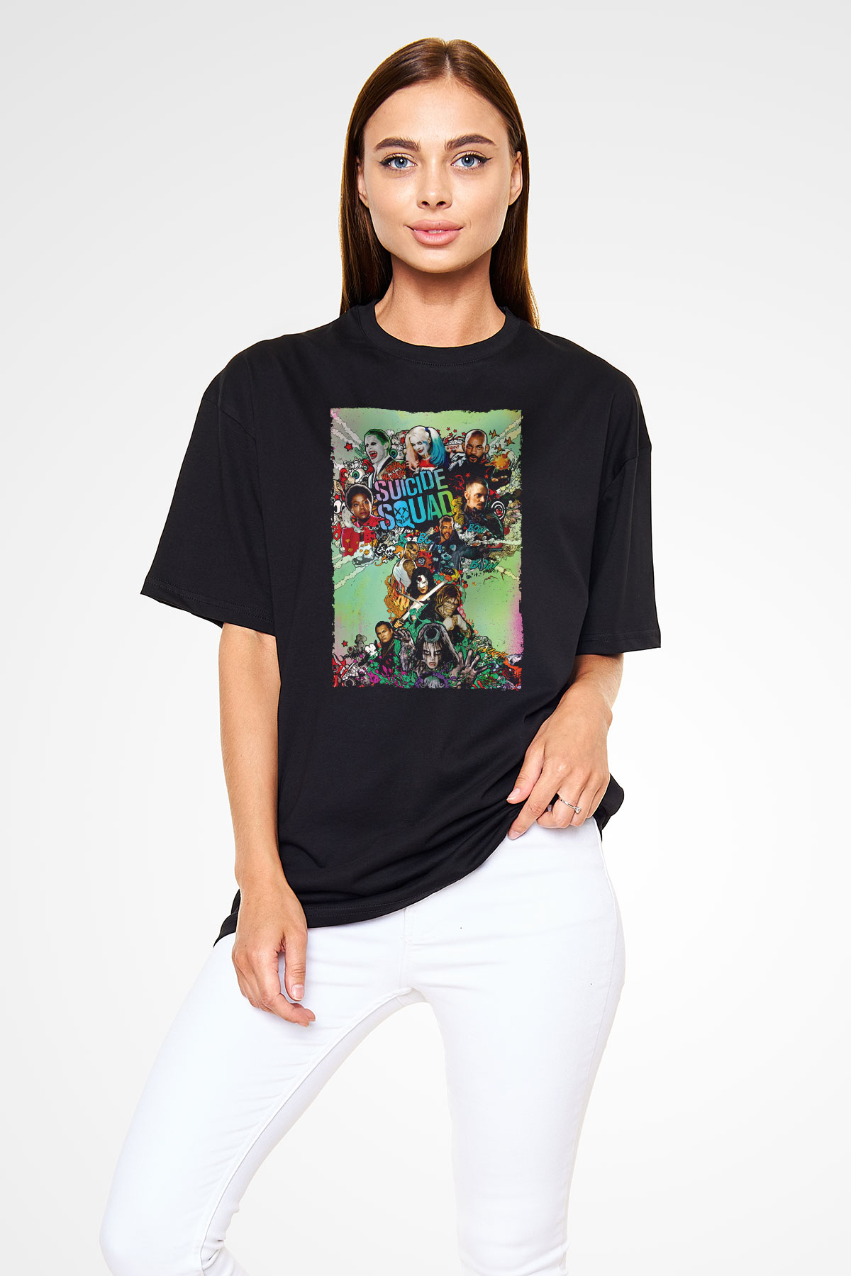 Unisex The Suicide Squad İntihar Timi (The Suicide Squad) Baskılı Siyah Oversize Tshirt