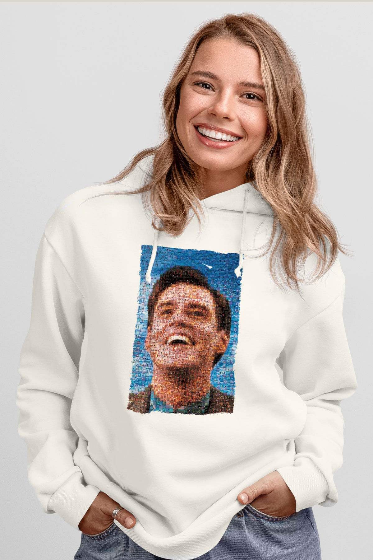 Unisex The Truman Show Baskılı Beyaz Kapüşonlu Sweatshirt
