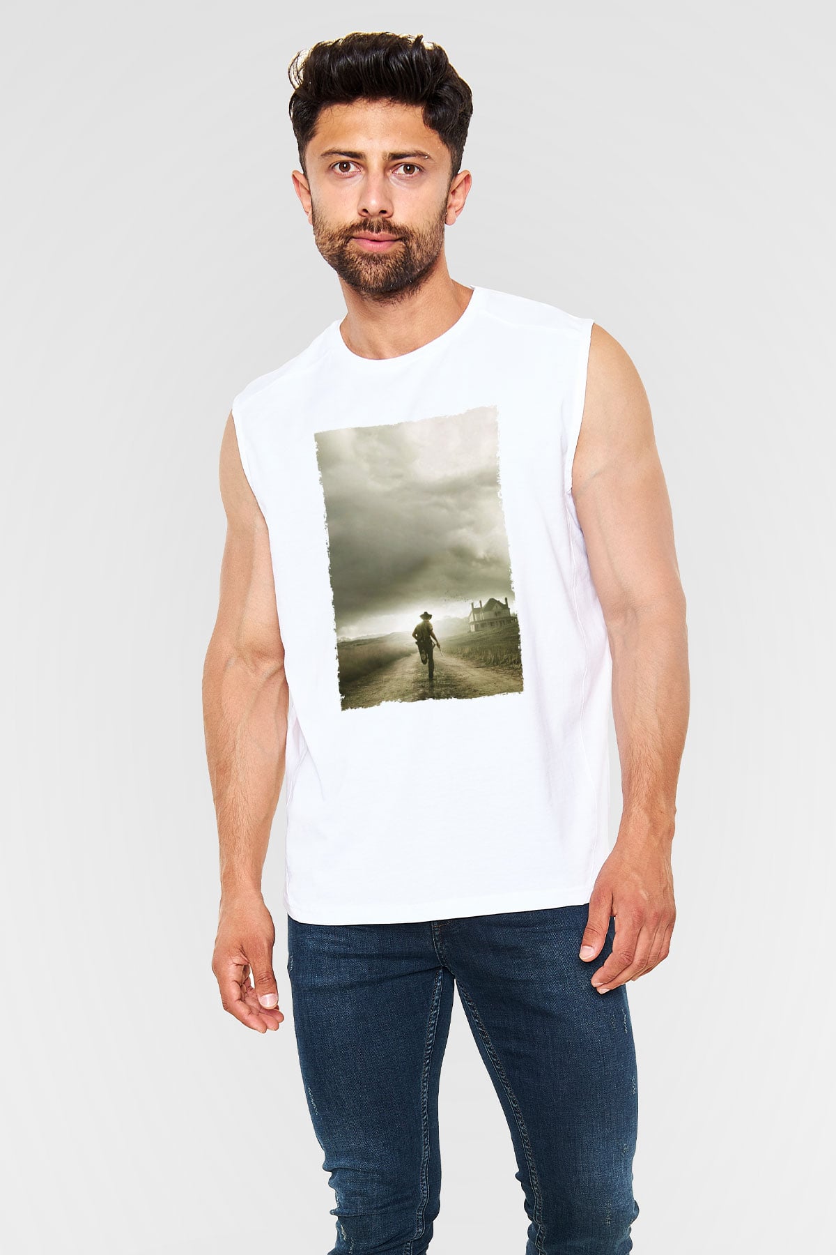 Unisex The Walking Dead Baskılı Beyaz Kolsuz Tişört
