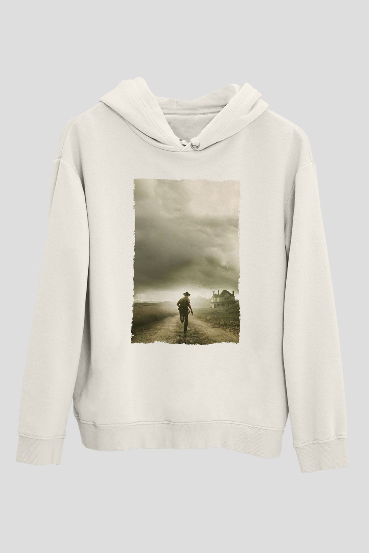 Unisex The Walking Dead Baskılı Beyaz Kapüşonlu Sweatshirt