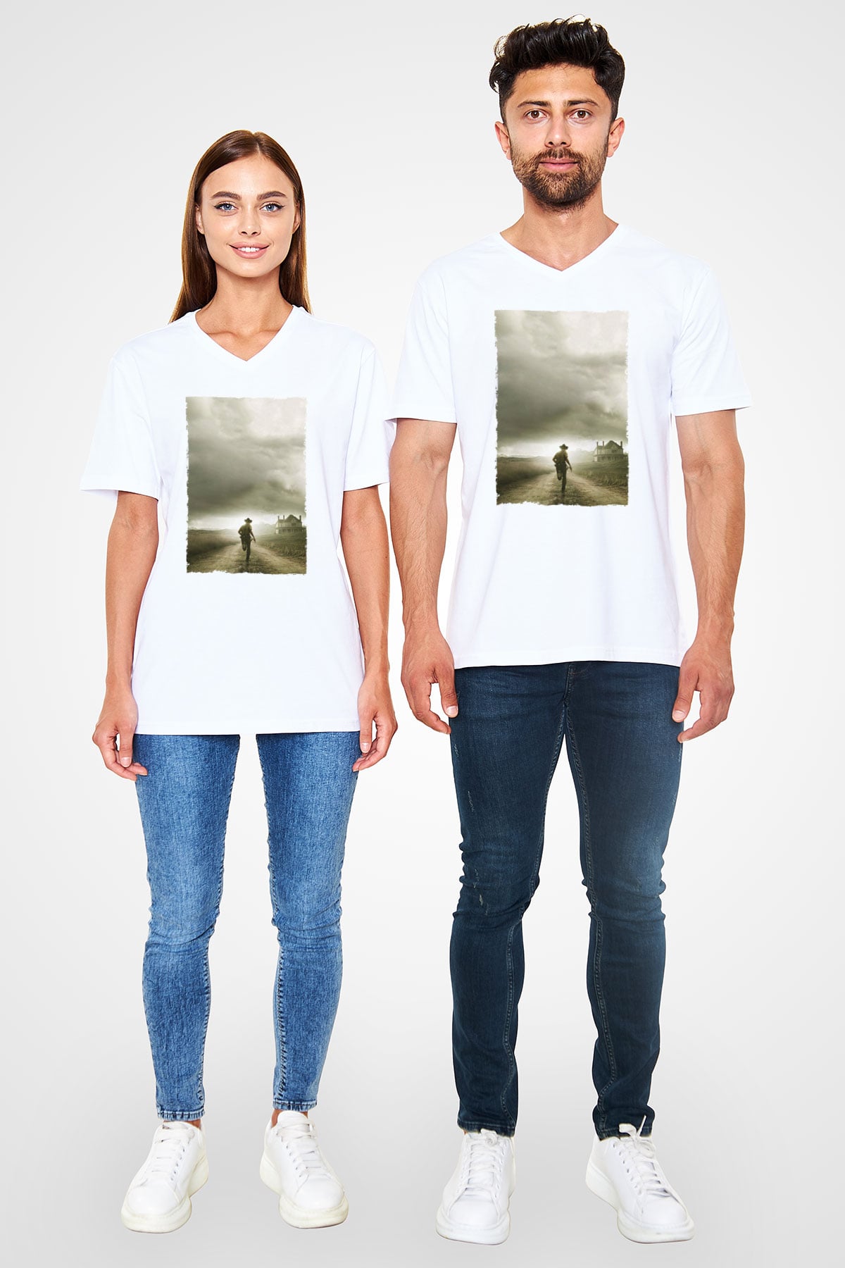 Unisex The Walking Dead Baskılı Beyaz V Yaka Tişört