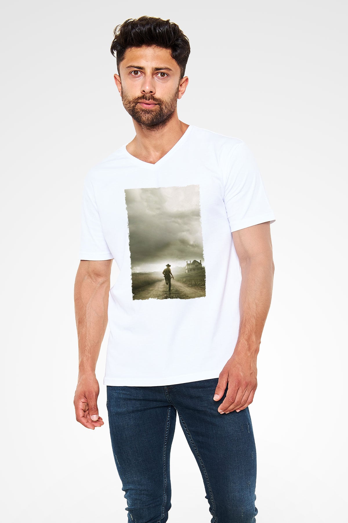 Unisex The Walking Dead Baskılı Beyaz V Yaka Tişört