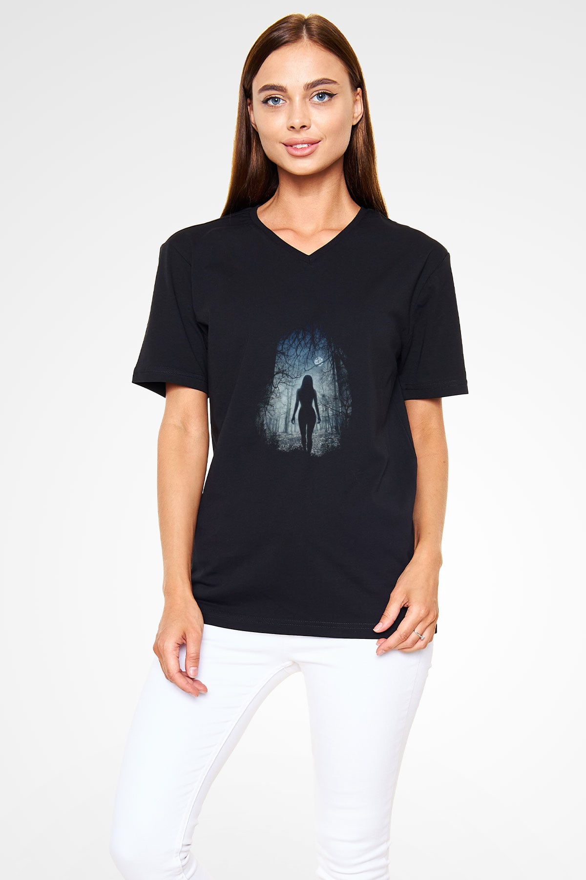 Unisex The Witch Baskılı Siyah V Yaka T-shirt
