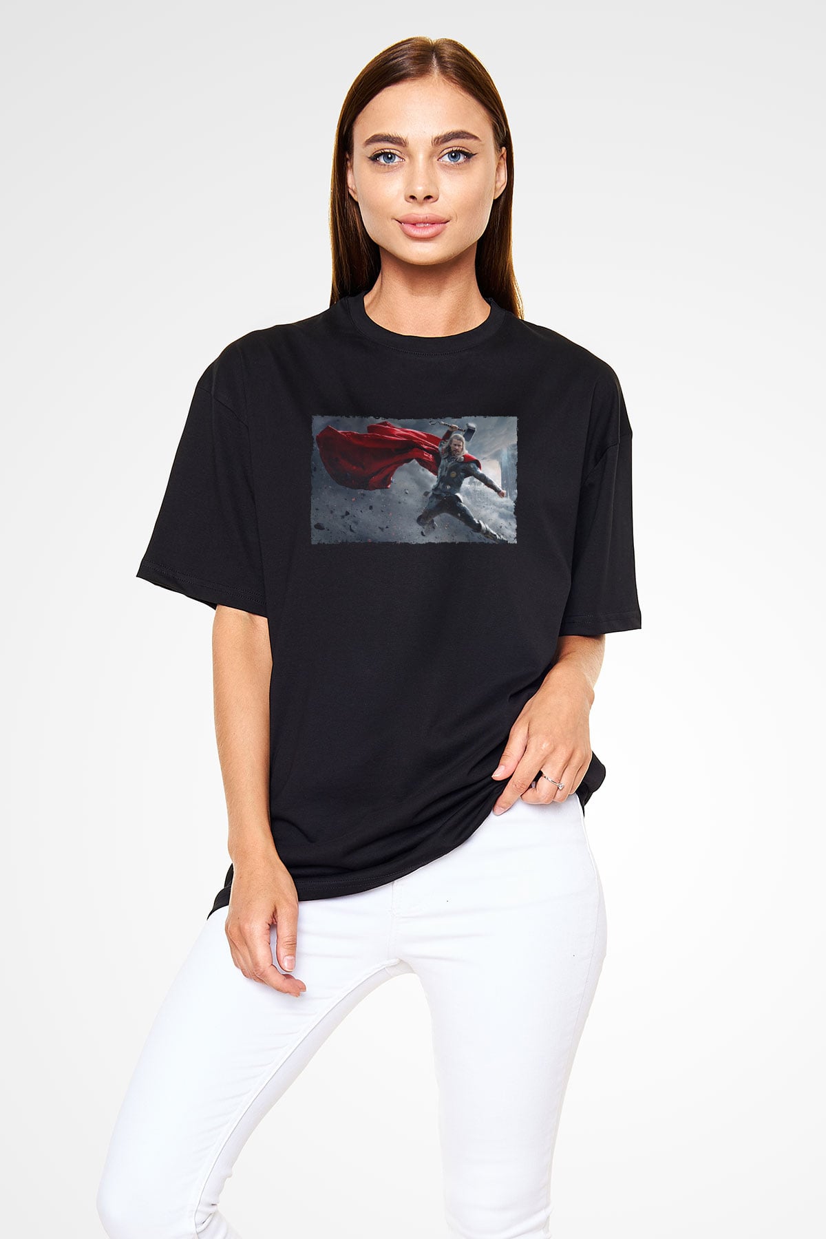 Unisex Thor The Dark World Baskılı Siyah Oversize Tshirt