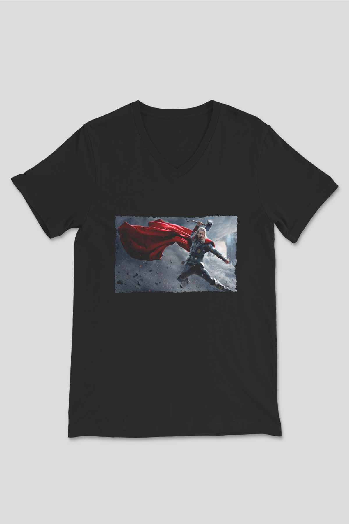 Unisex Thor The Dark World Baskılı Siyah V Yaka Tshirt