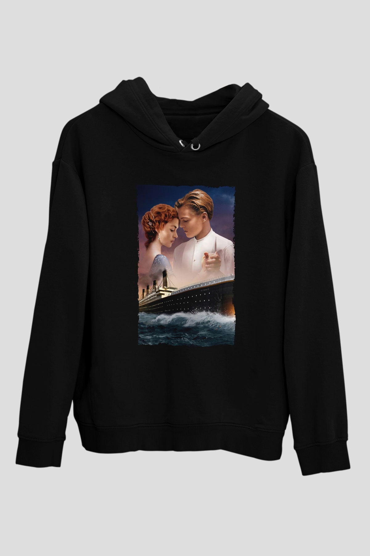 Unisex Titanic Baskılı Siyah Kapüşonlu Sweatshirt