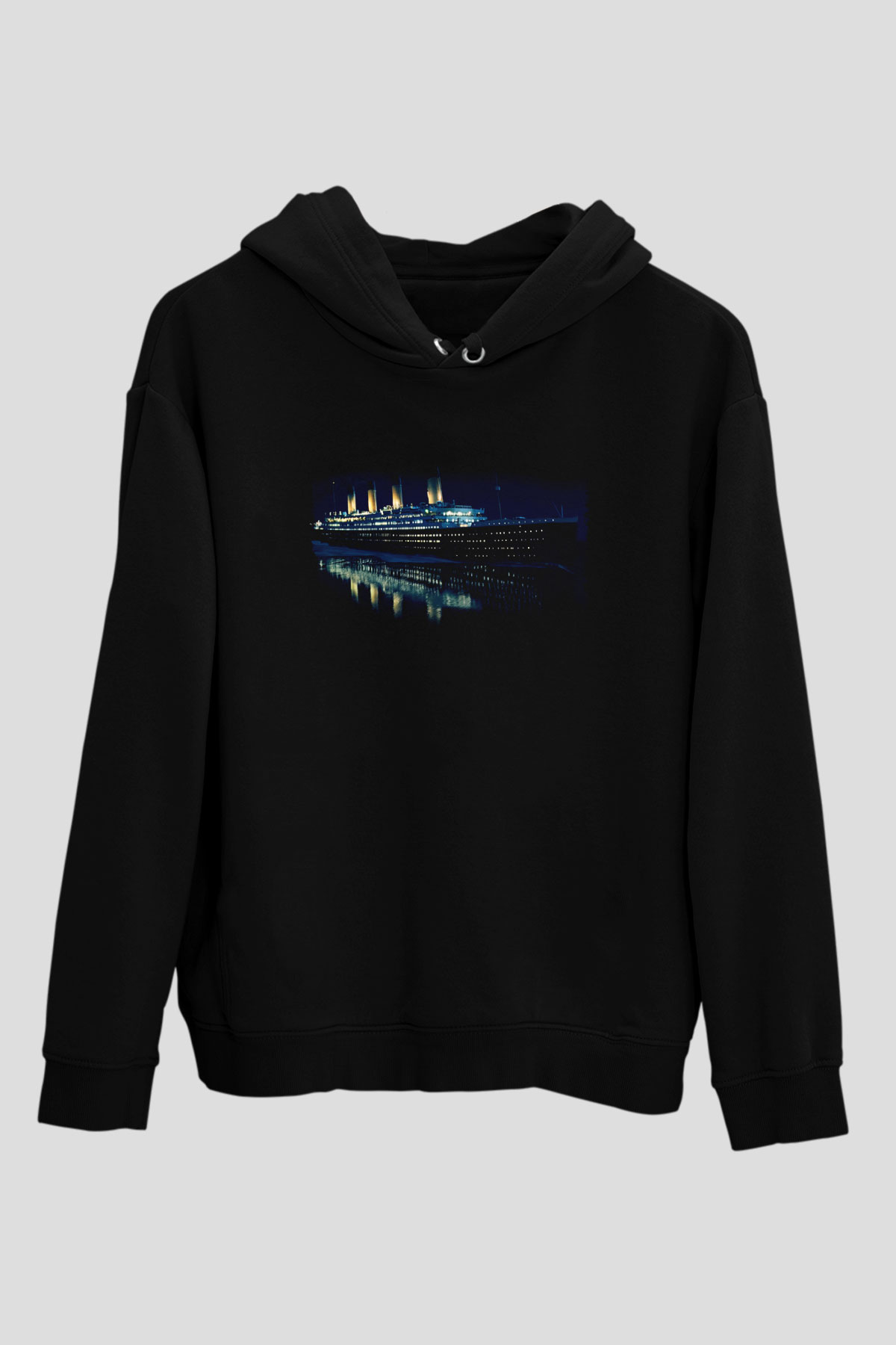 Unisex Titanic Baskılı Siyah Kapüşonlu Sweatshirt