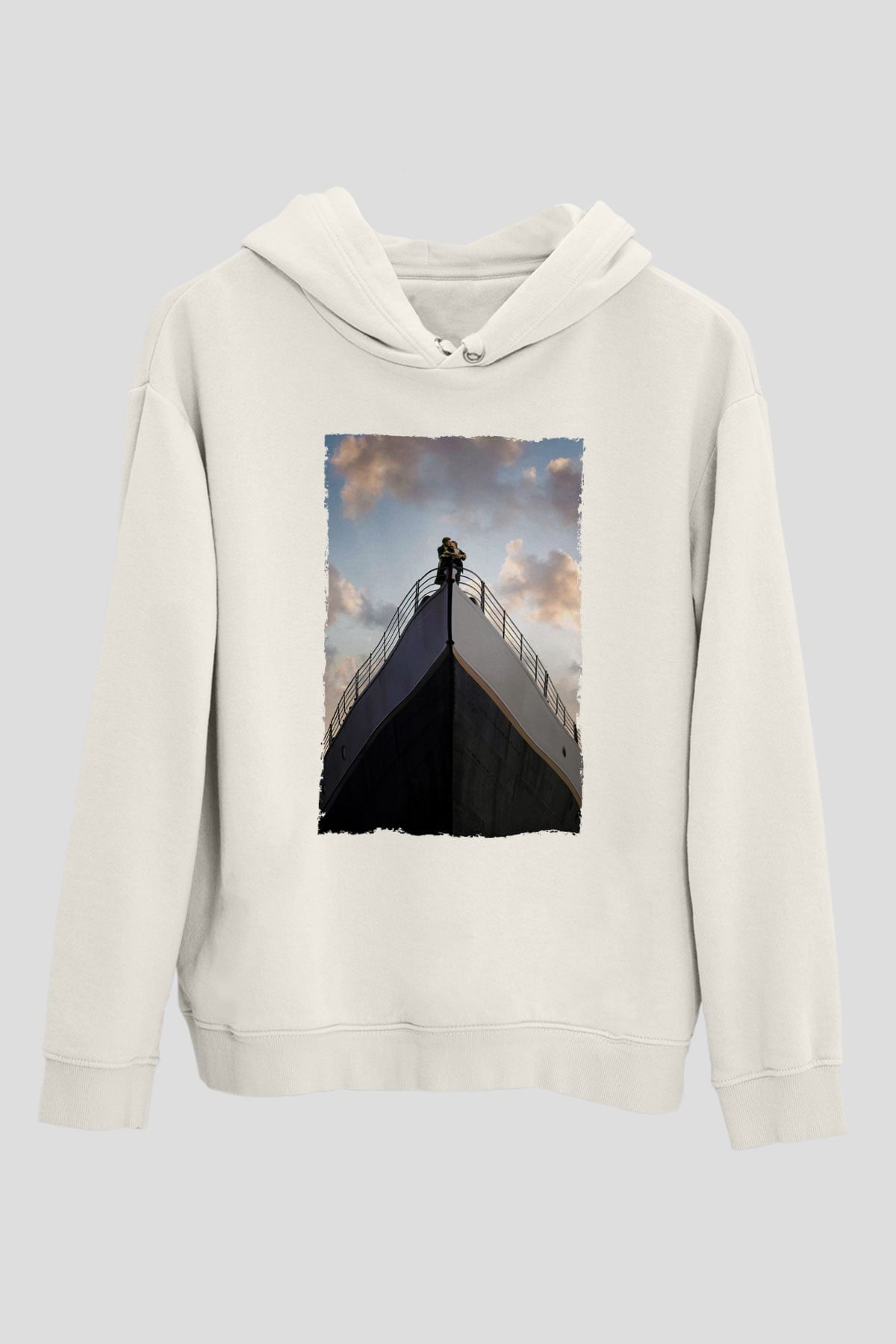 Unisex Titanik Baskılı Beyaz Kapüşonlu Sweatshirt