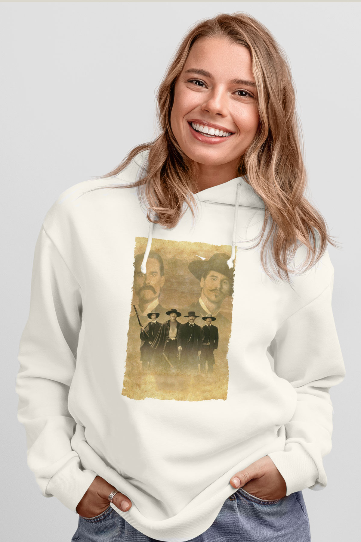 Unisex Tombstone Baskılı Beyaz Kapüşonlu Sweatshirt