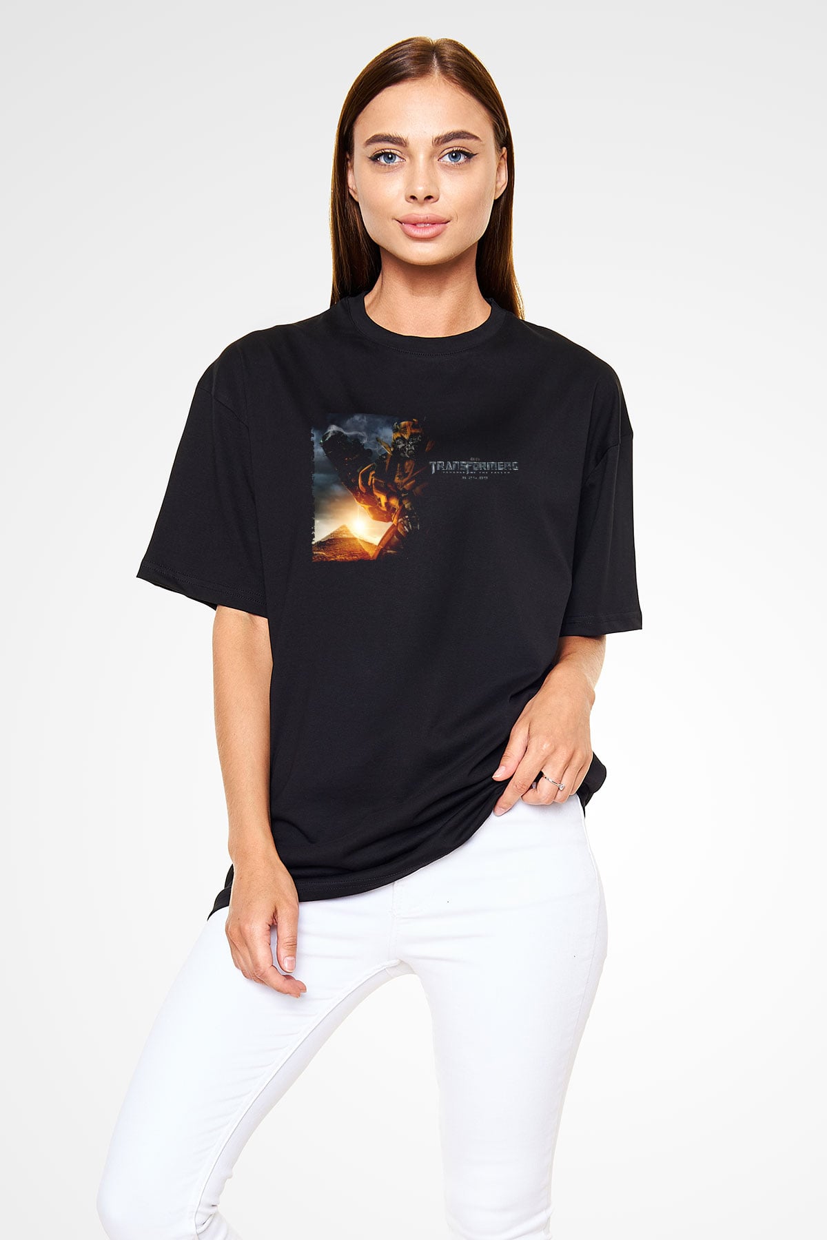 Unisex Transformers 2 Baskılı Siyah Oversize Tshirt