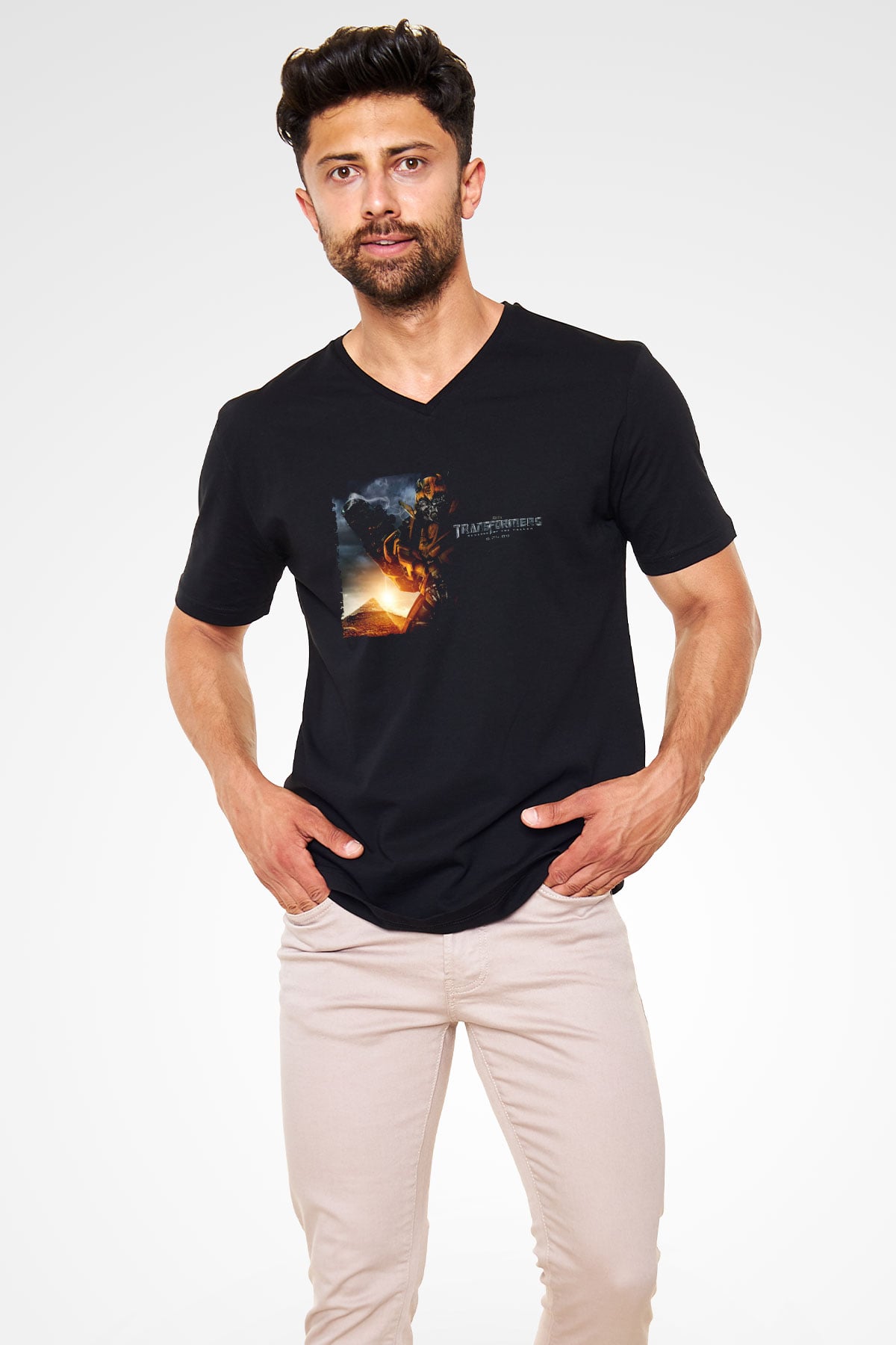 Unisex Transformers 2 Baskılı Siyah V Yaka Tshirt