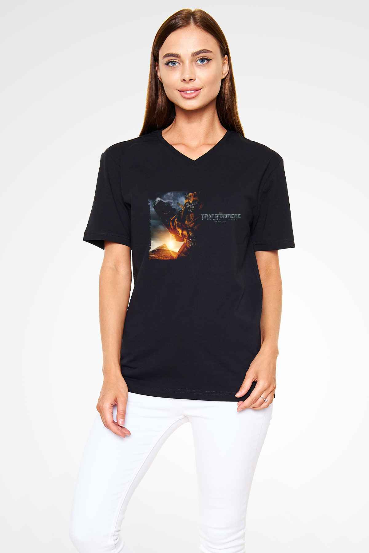 Unisex Transformers 2 Baskılı Siyah V Yaka Tshirt
