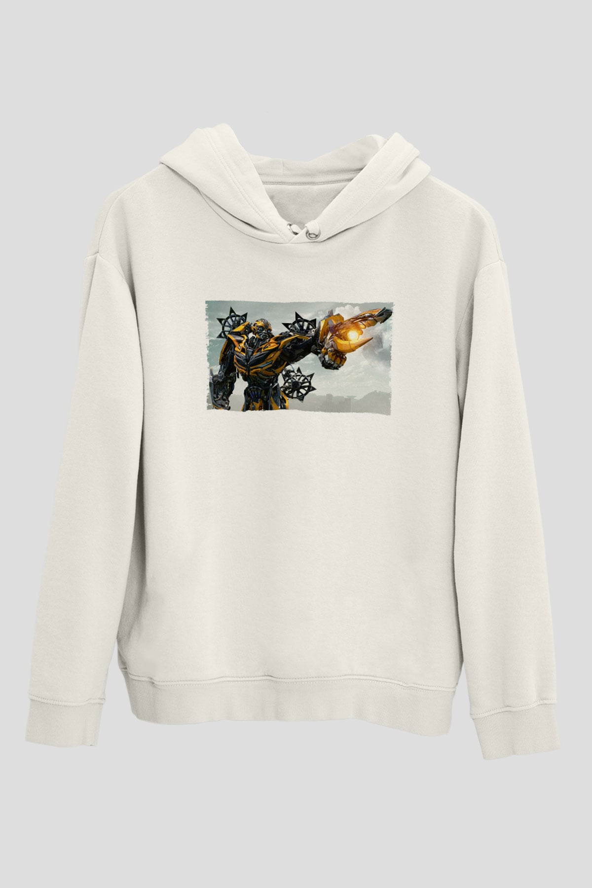 Unisex Transformers Baskılı Beyaz Kapüşonlu Sweatshirt