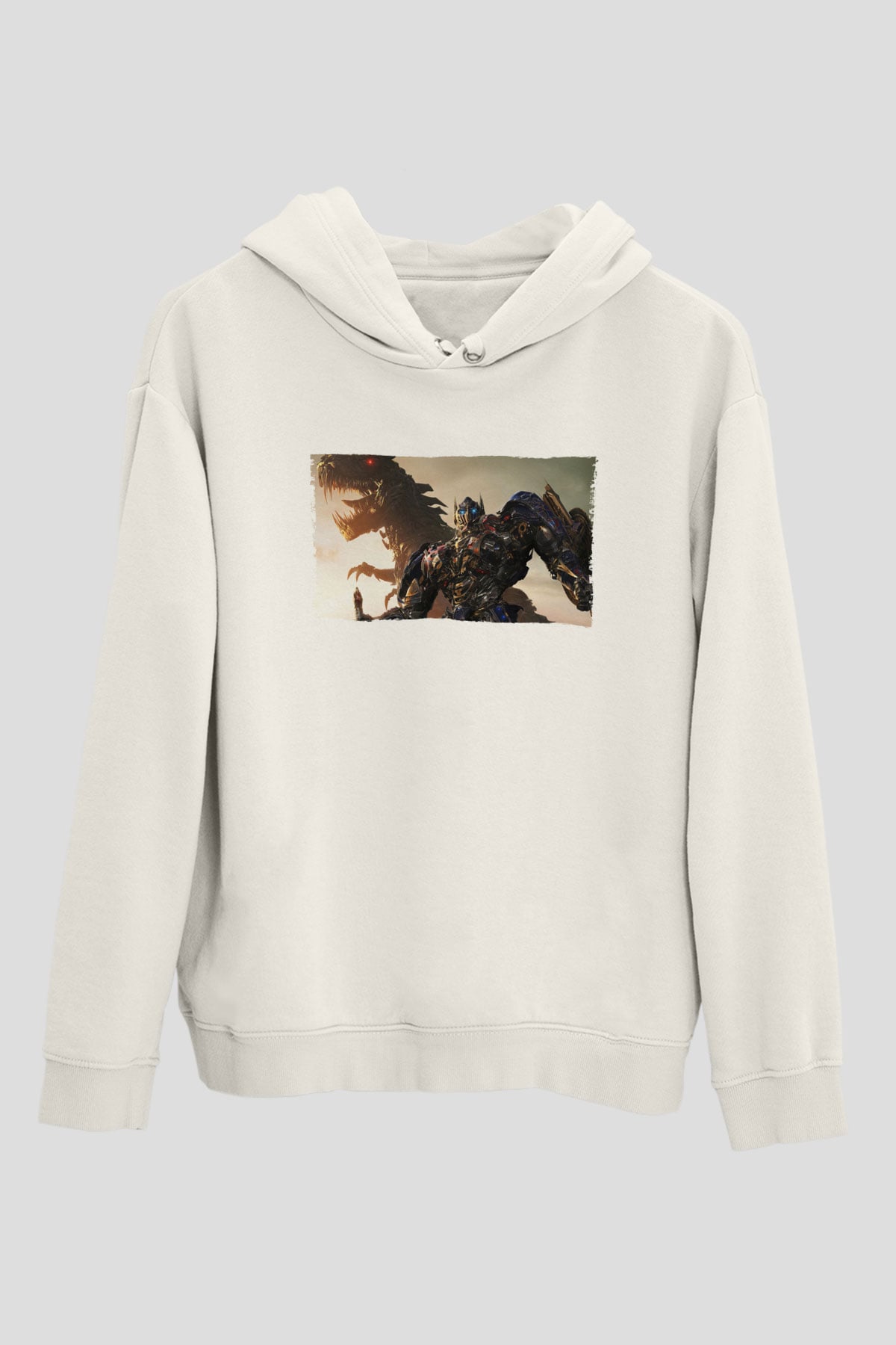 Unisex Transformers Baskılı Beyaz Kapüşonlu Sweatshirt