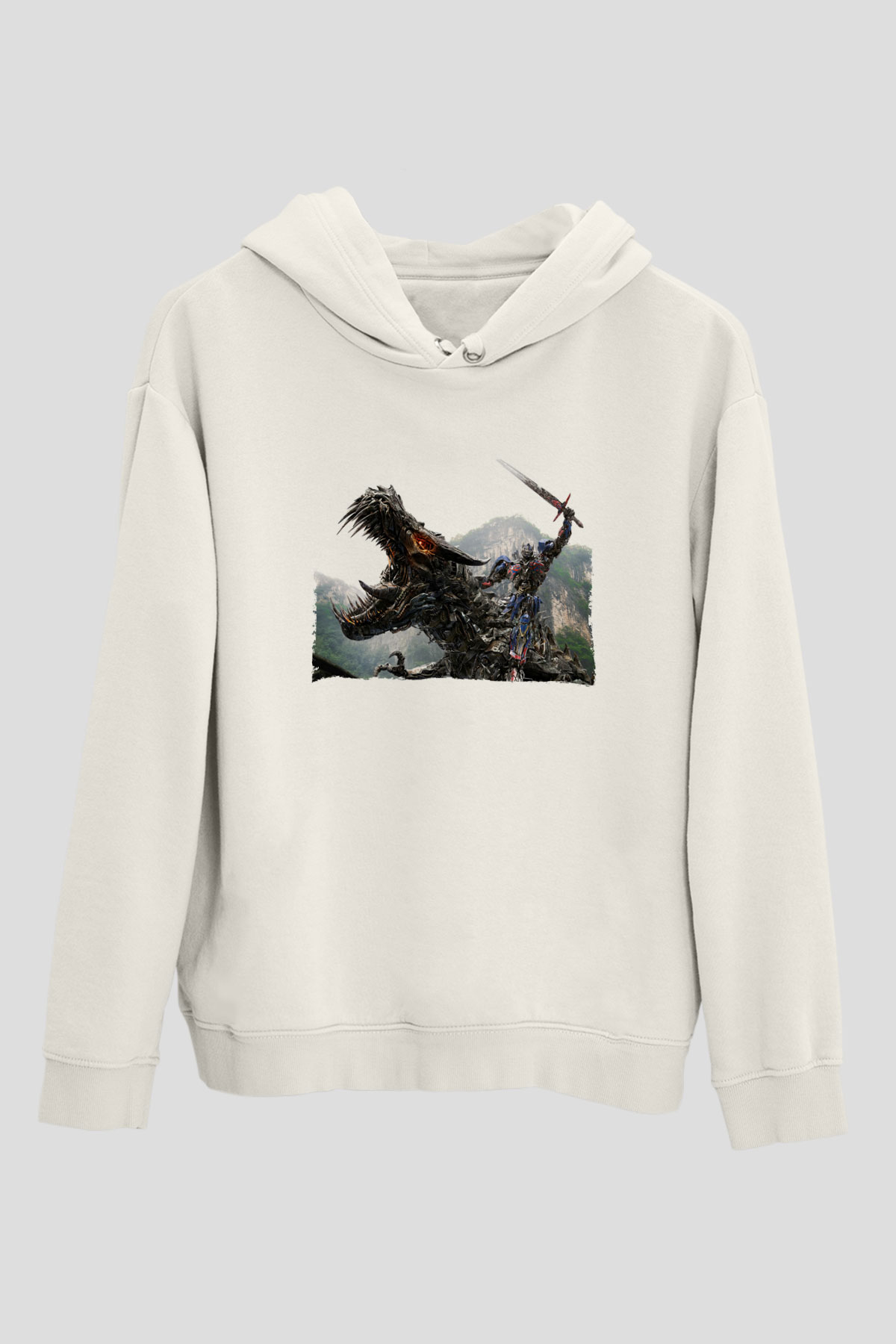 Unisex Transformers Baskılı Beyaz Kapüşonlu Sweatshirt