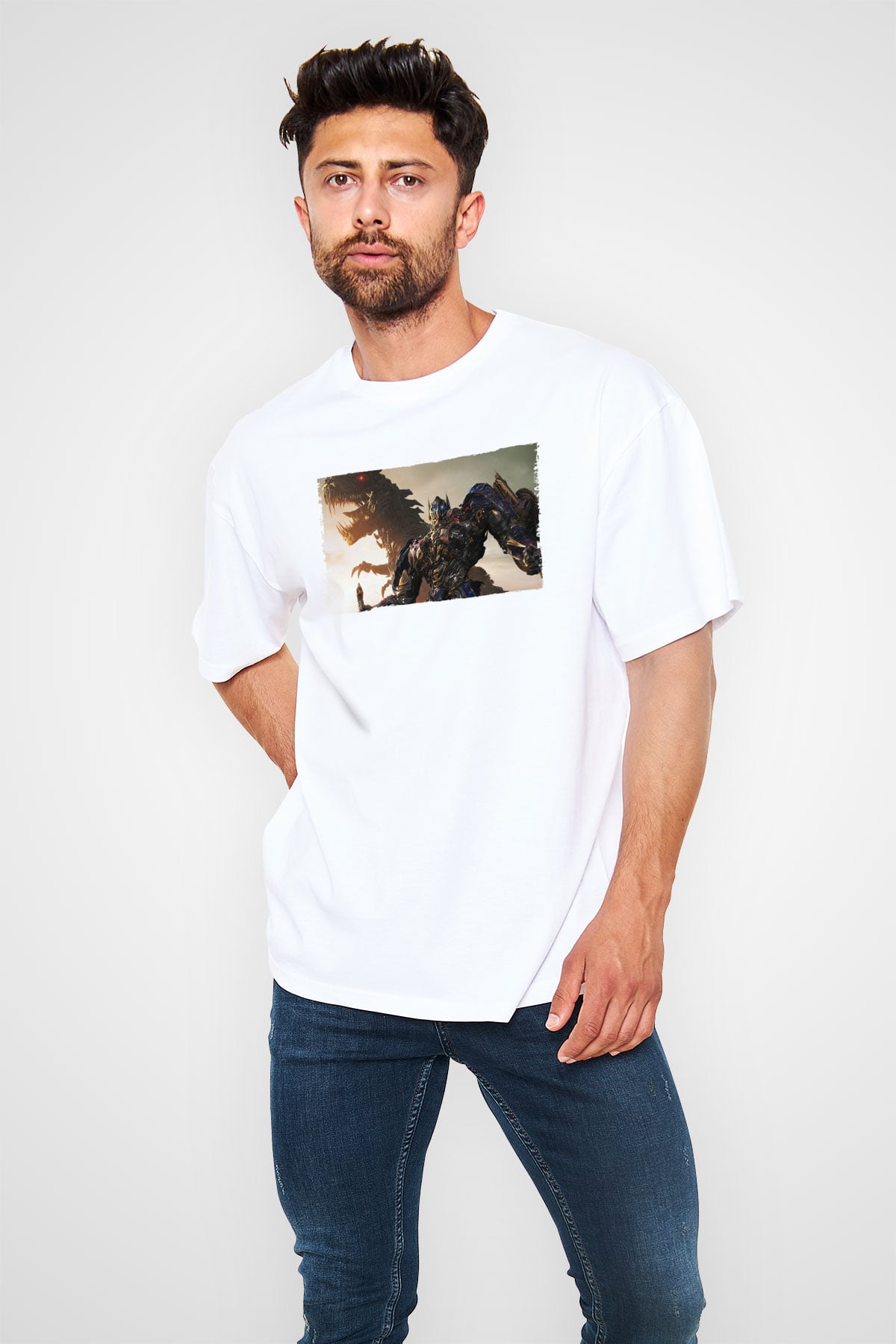 Unisex Transformers Baskılı Beyaz Oversize Tişört