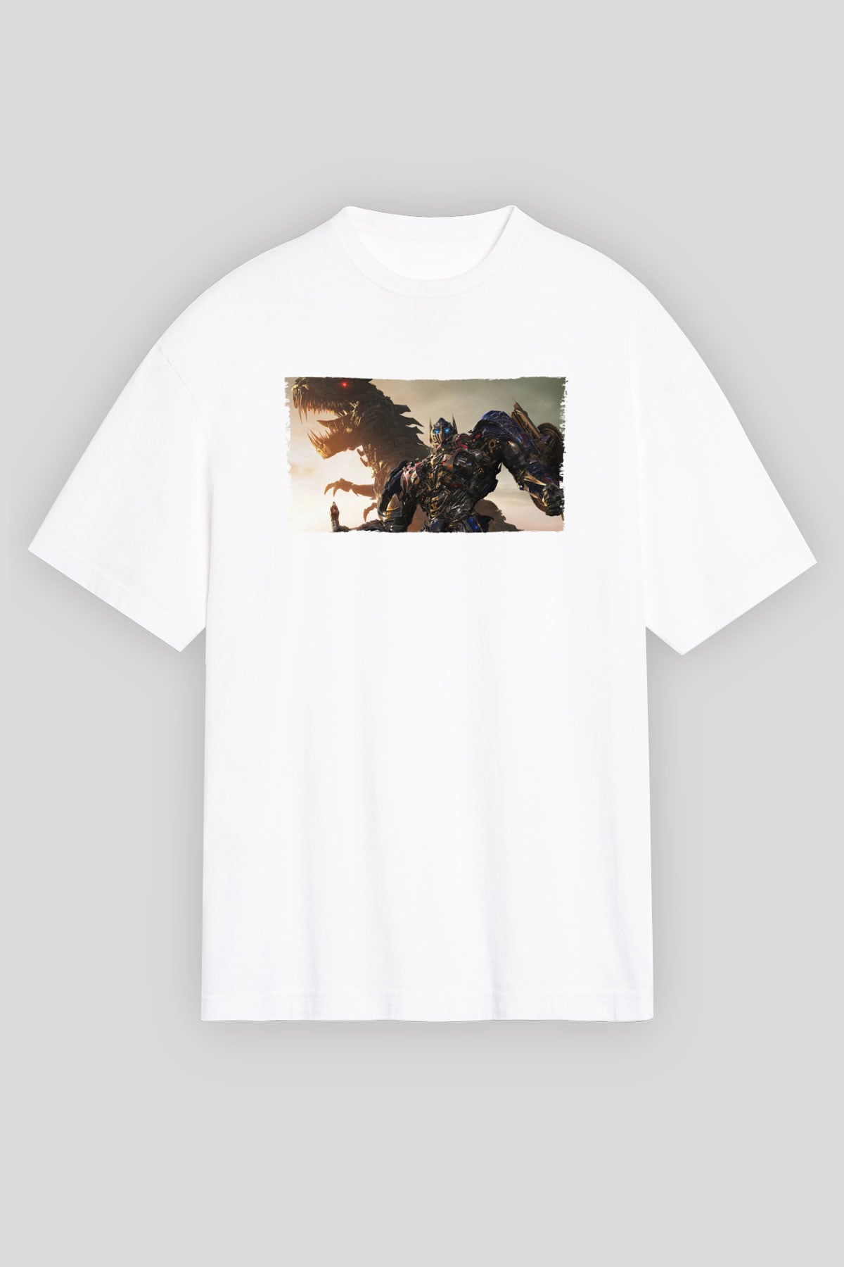 Unisex Transformers Baskılı Beyaz Oversize Tişört