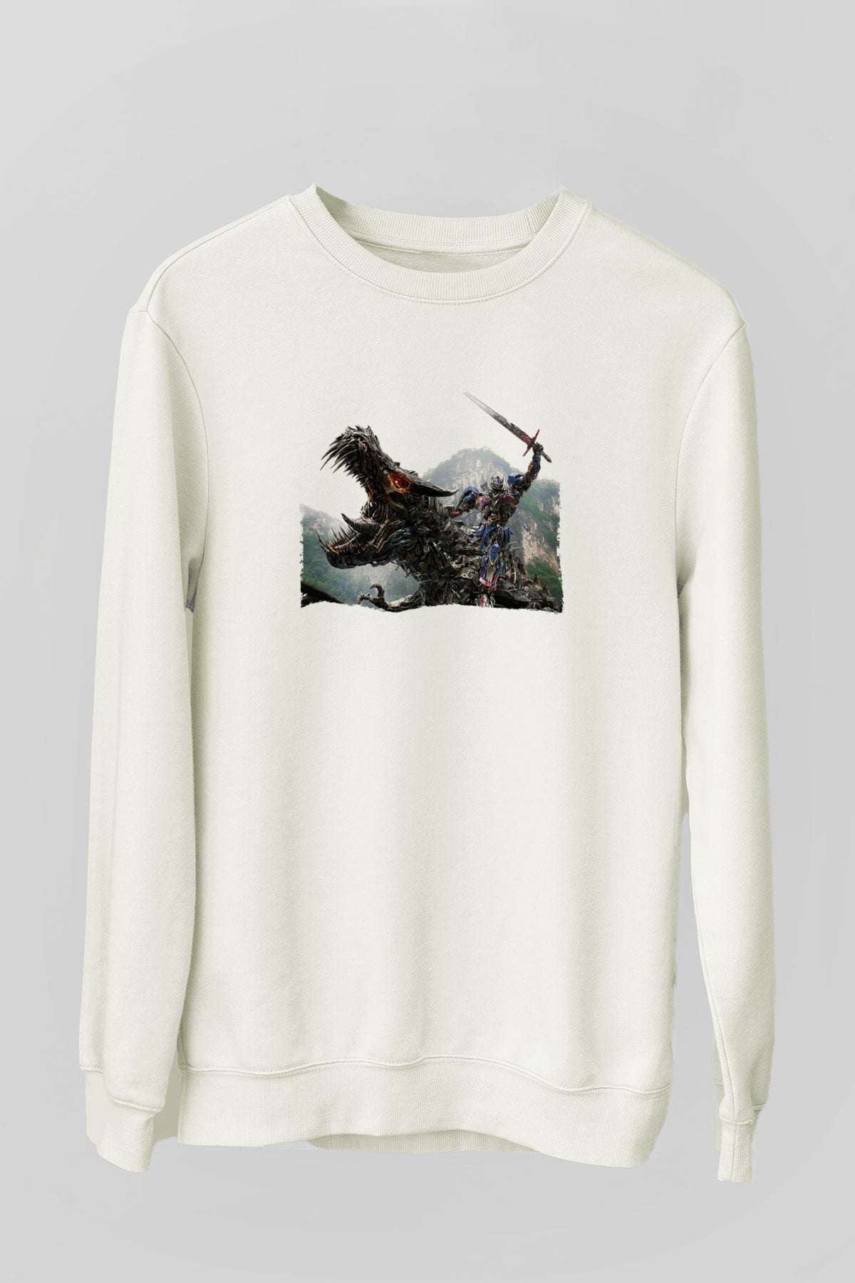 Unisex Transformers Baskılı Beyaz Sweatshirt