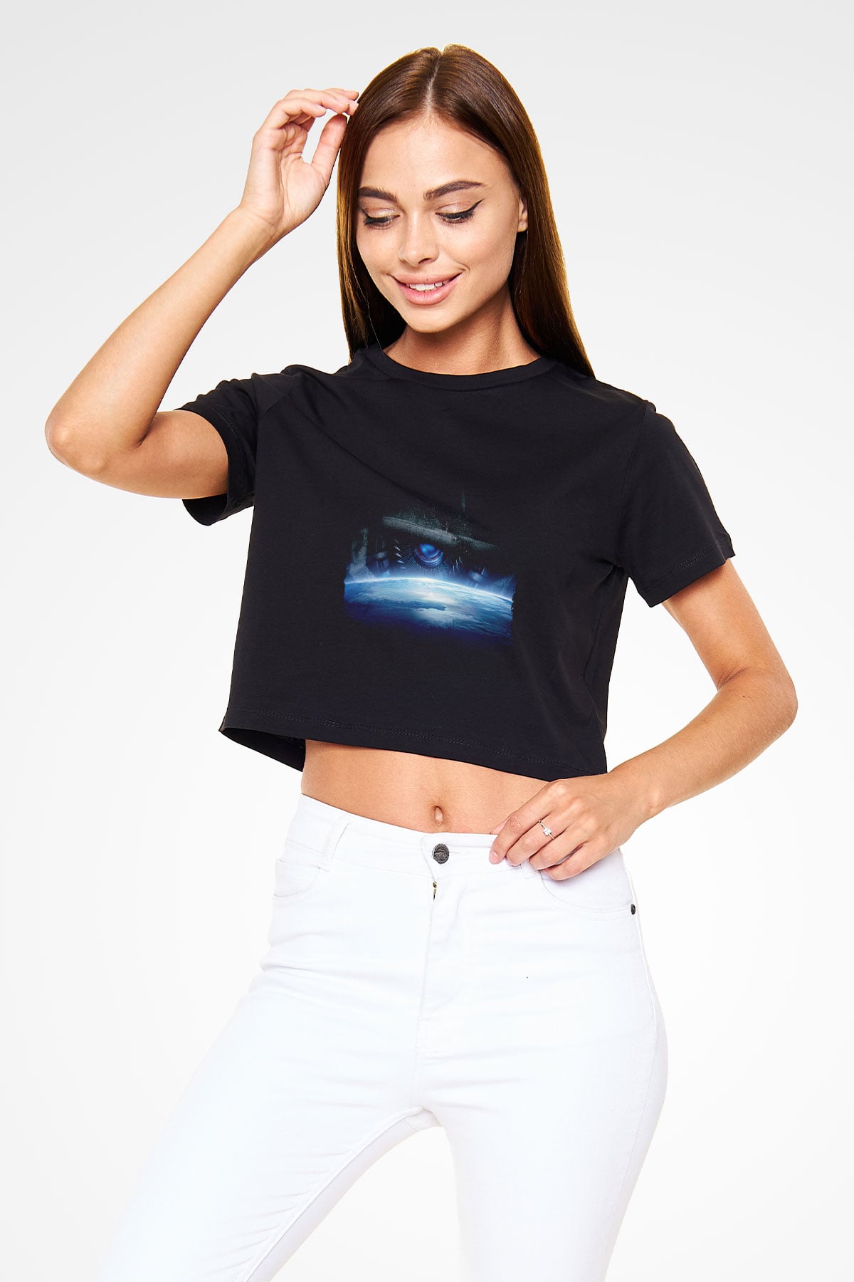 Unisex Transformers Baskılı Siyah Crop Top Tişört