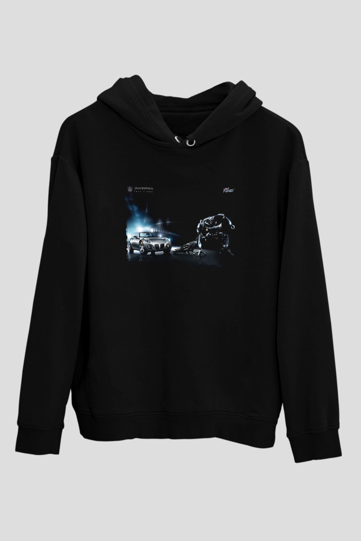 Unisex Transformers Baskılı Siyah Kapüşonlu Sweatshirt