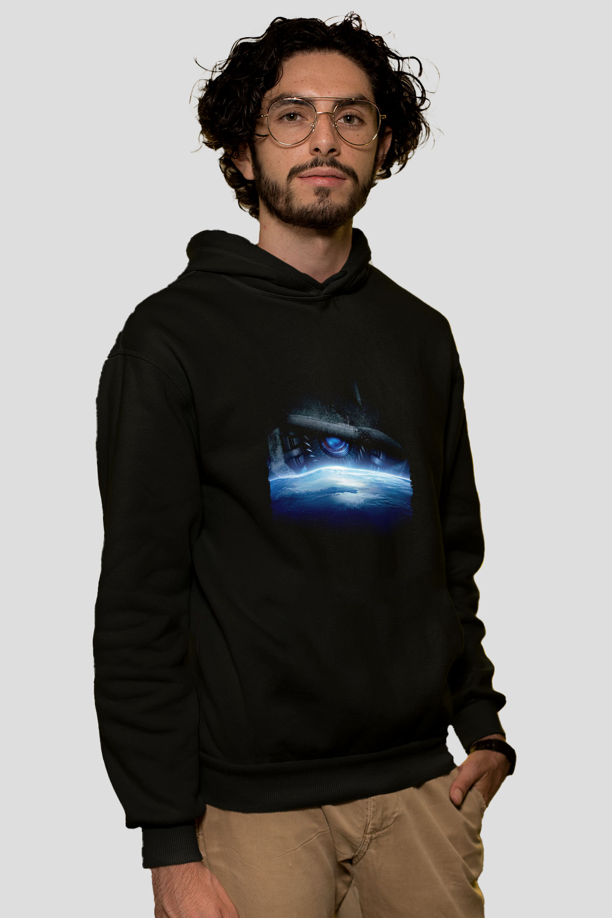 Unisex Transformers Baskılı Siyah Kapüşonlu Sweatshirt