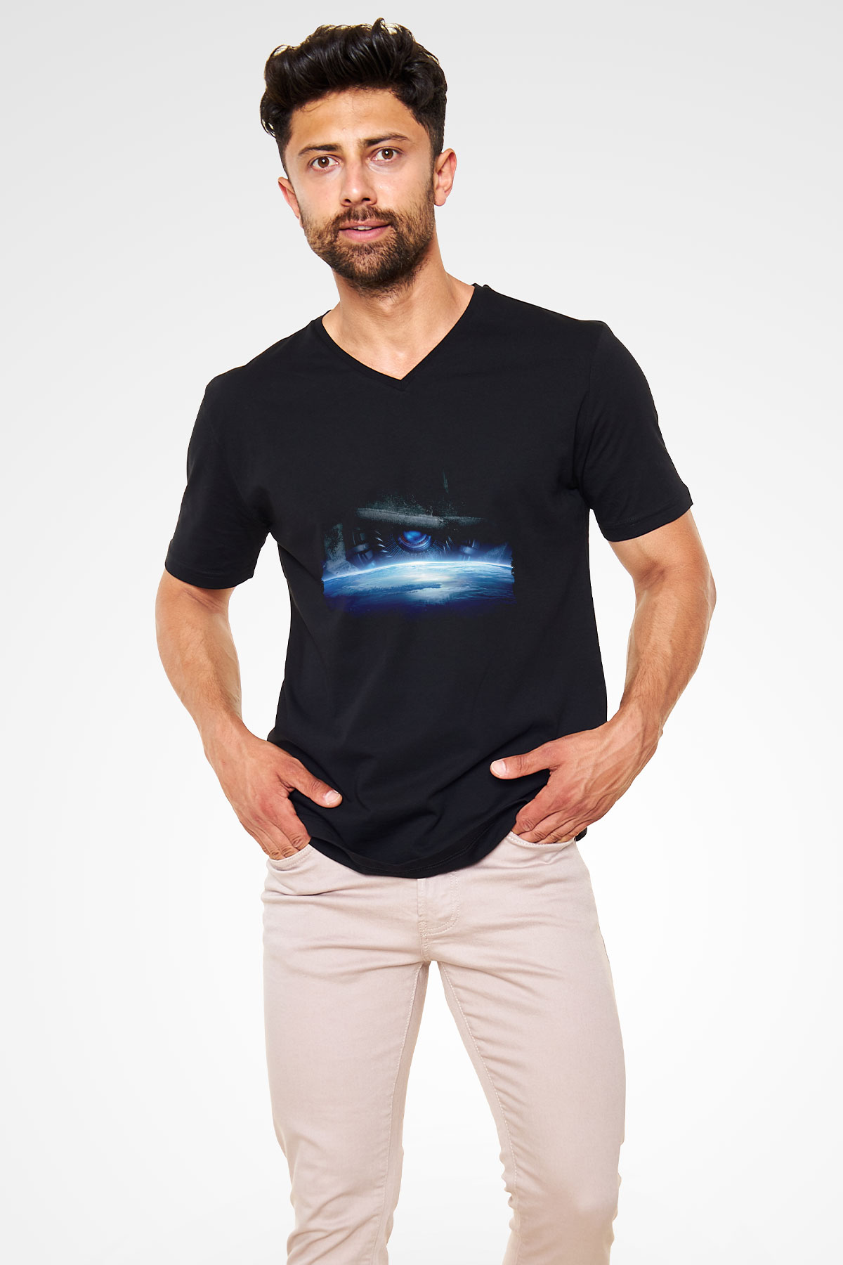Unisex Transformers Baskılı Siyah V Yaka Tişört