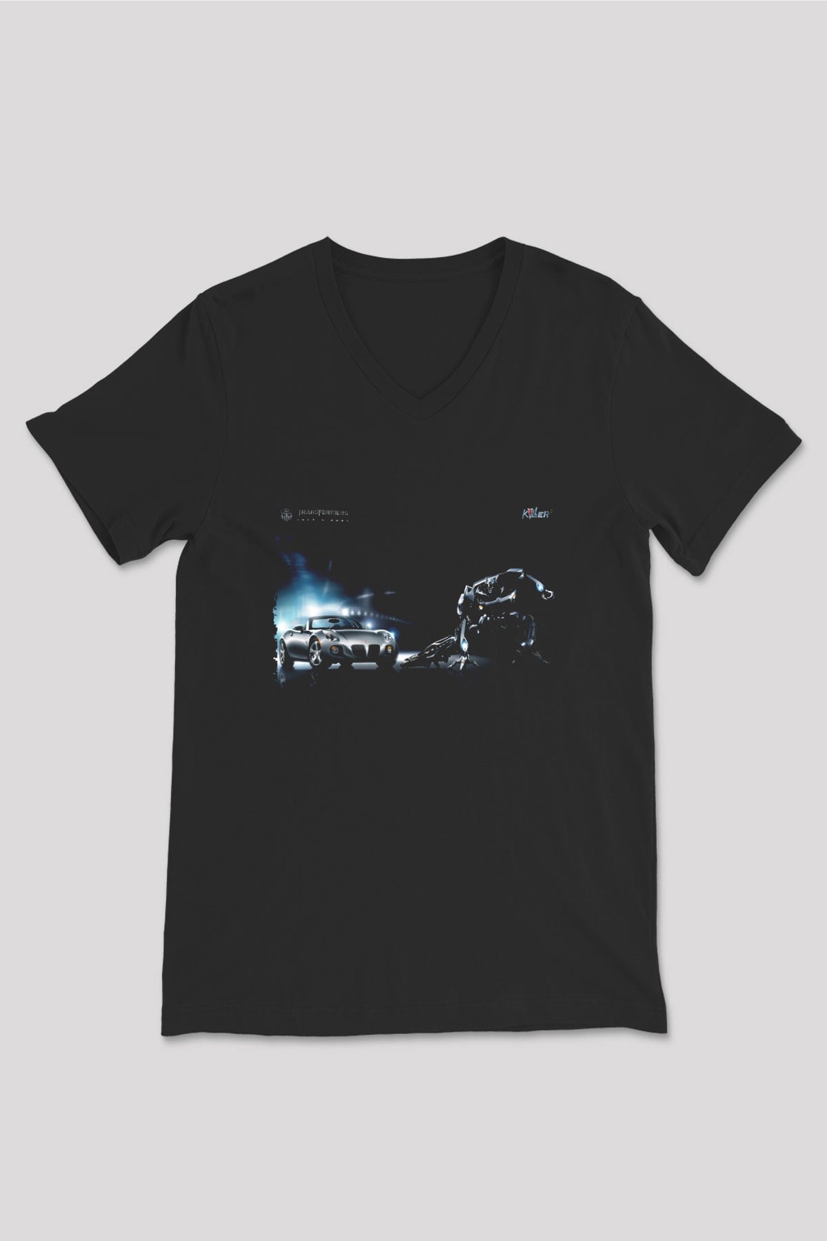 Unisex Transformers Baskılı Siyah V Yaka Tshirt