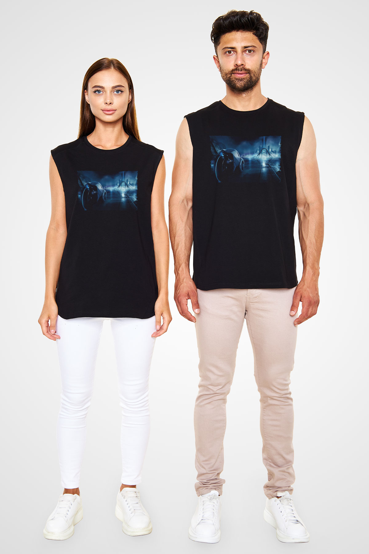 Unisex Tron Baskılı Siyah Kolsuz T-shirt