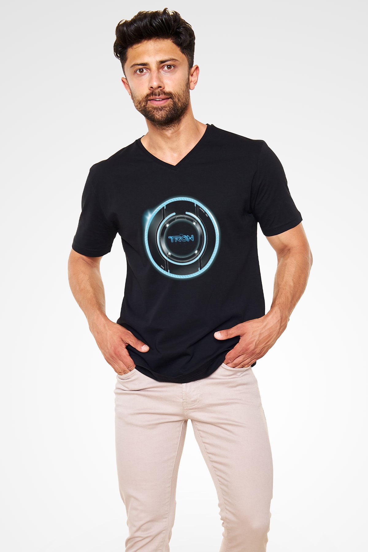 Unisex Tron Baskılı Siyah V Yaka Tshirt