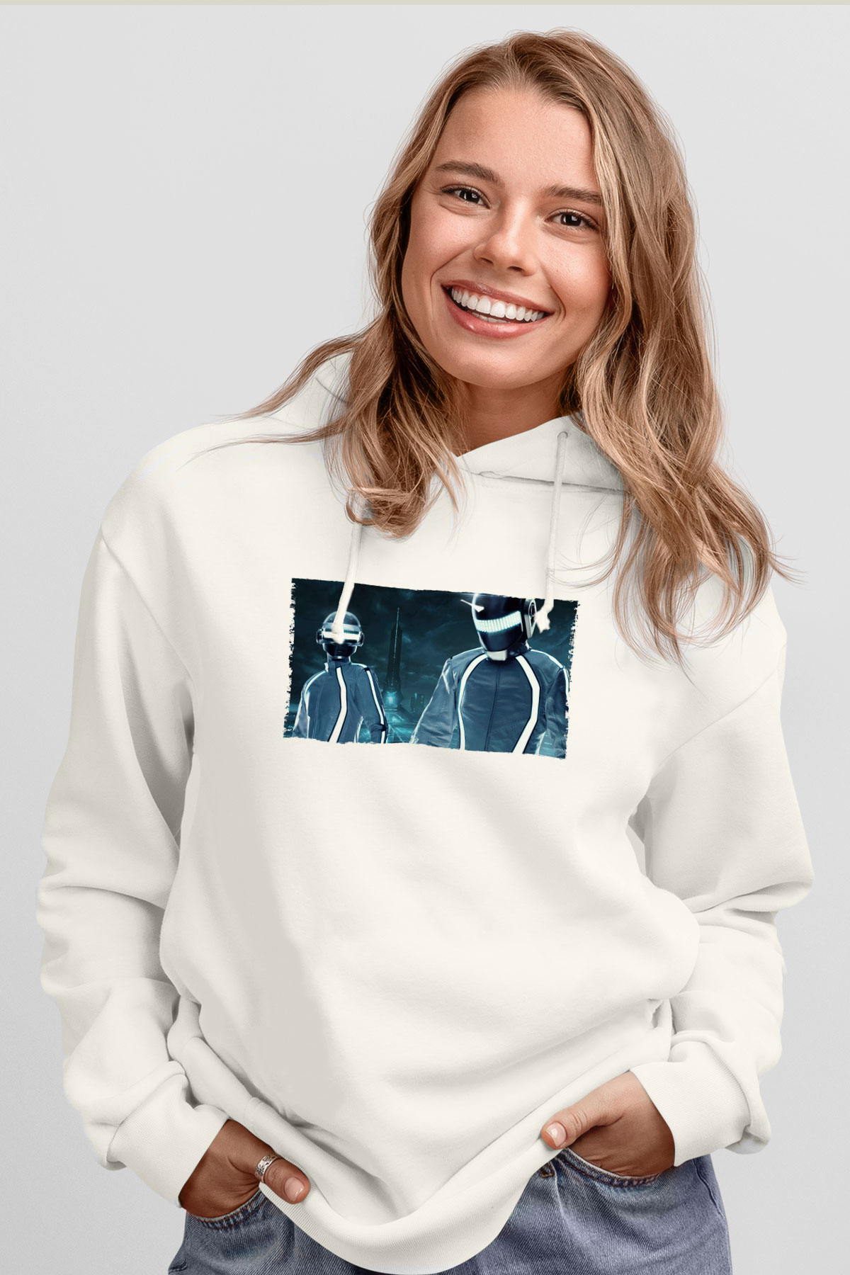 Unisex Tron Legacy Baskılı Beyaz Kapüşonlu Sweatshirt