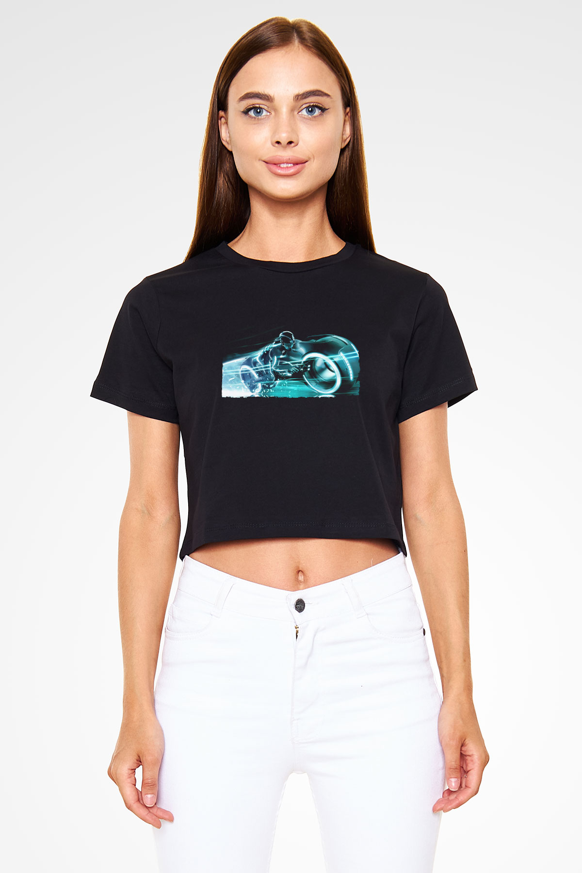 Unisex TRON Legacy Baskılı Siyah Crop Top Tişört