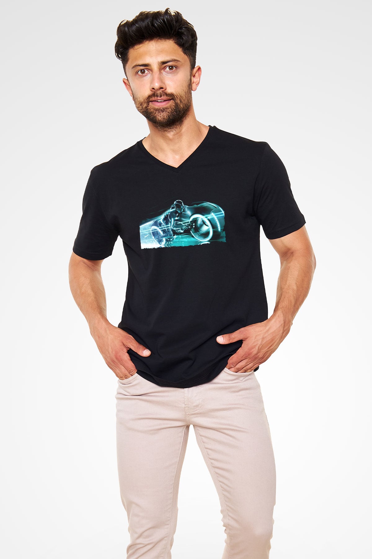 Unisex TRON Legacy Baskılı Siyah V Yaka Tişört