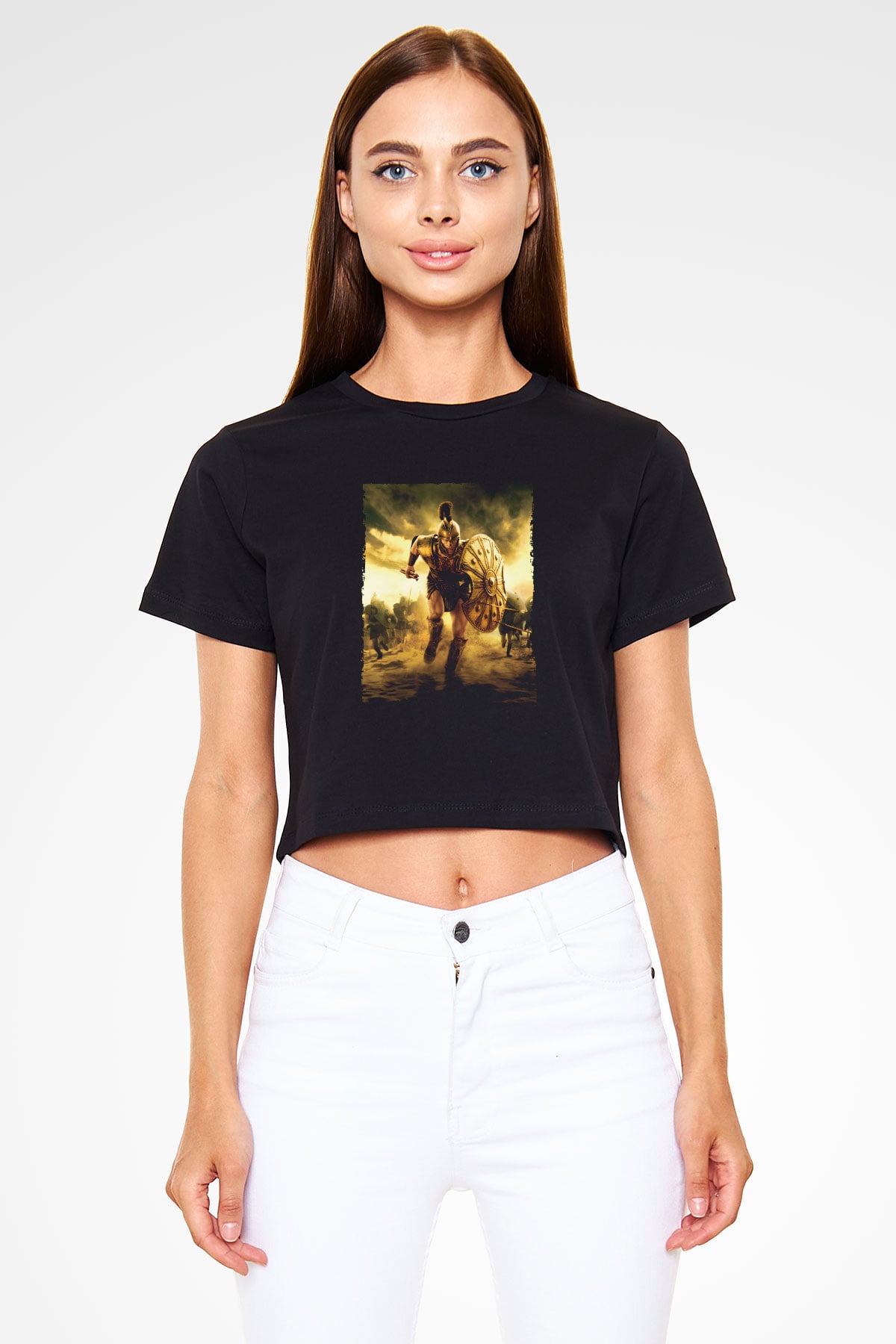 Unisex Truva (Troy) Baskılı Siyah Crop Top Tshirt