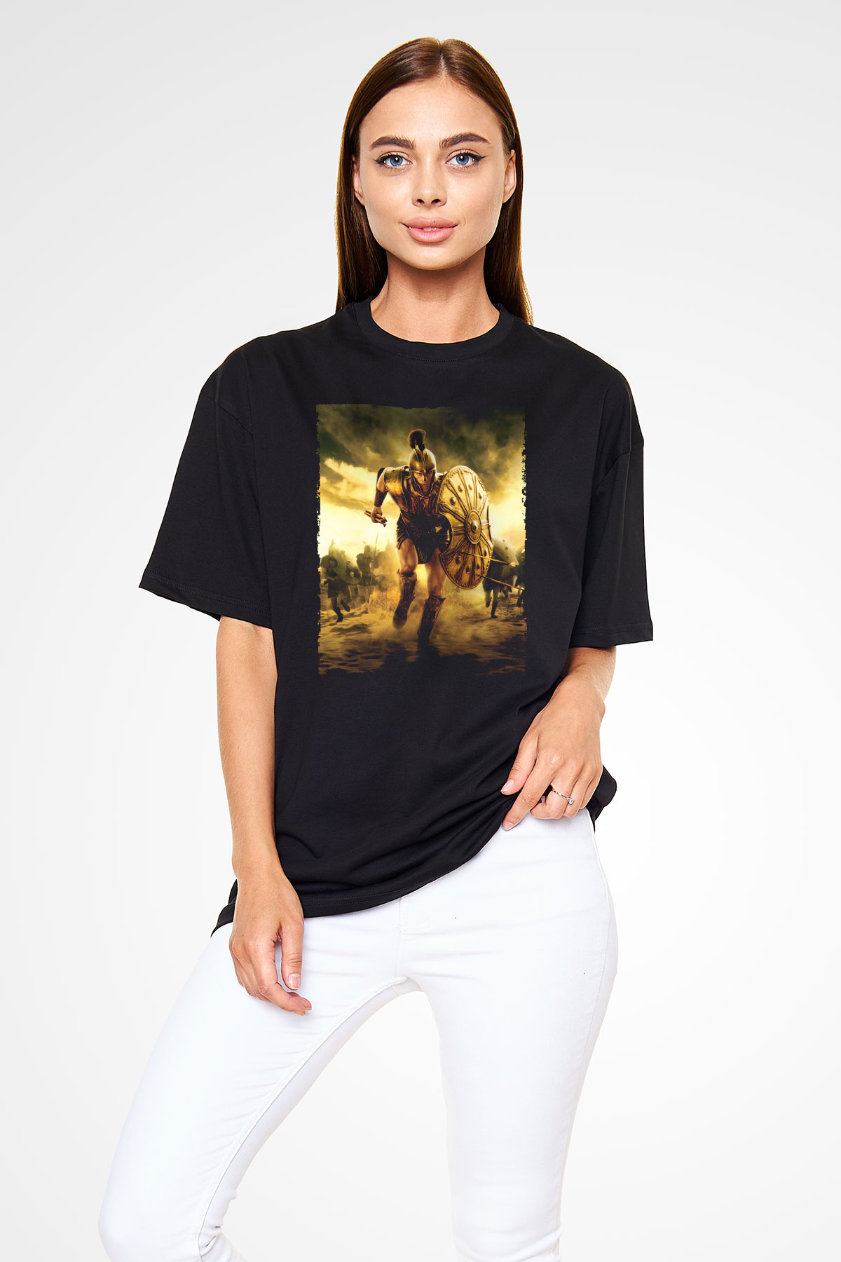 Unisex Truva (Troy) Baskılı Siyah Oversize Tshirt
