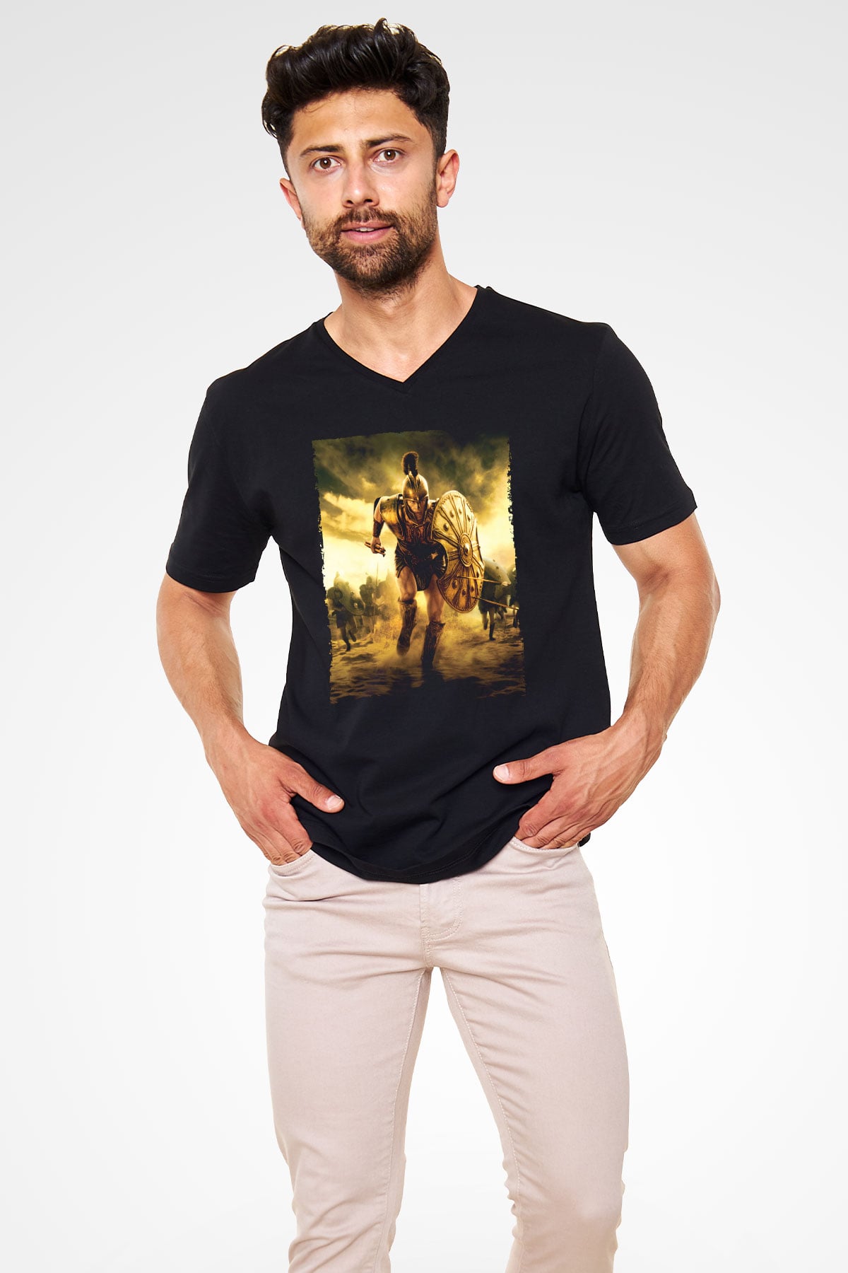Unisex Truva (Troy) Baskılı Siyah V Yaka Tshirt