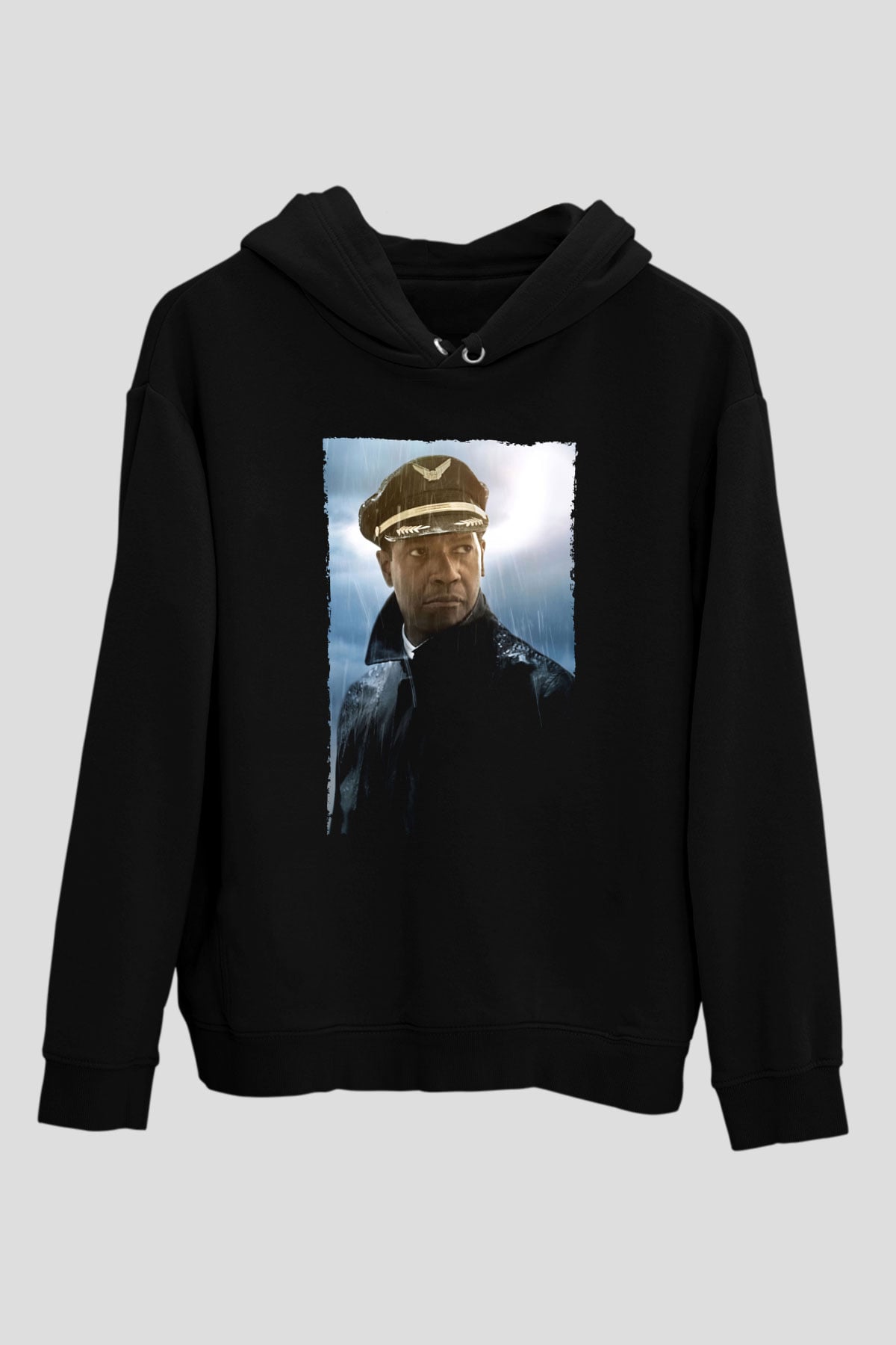 Unisex Uçuş (Flight) Baskılı Siyah Kapüşonlu Sweatshirt