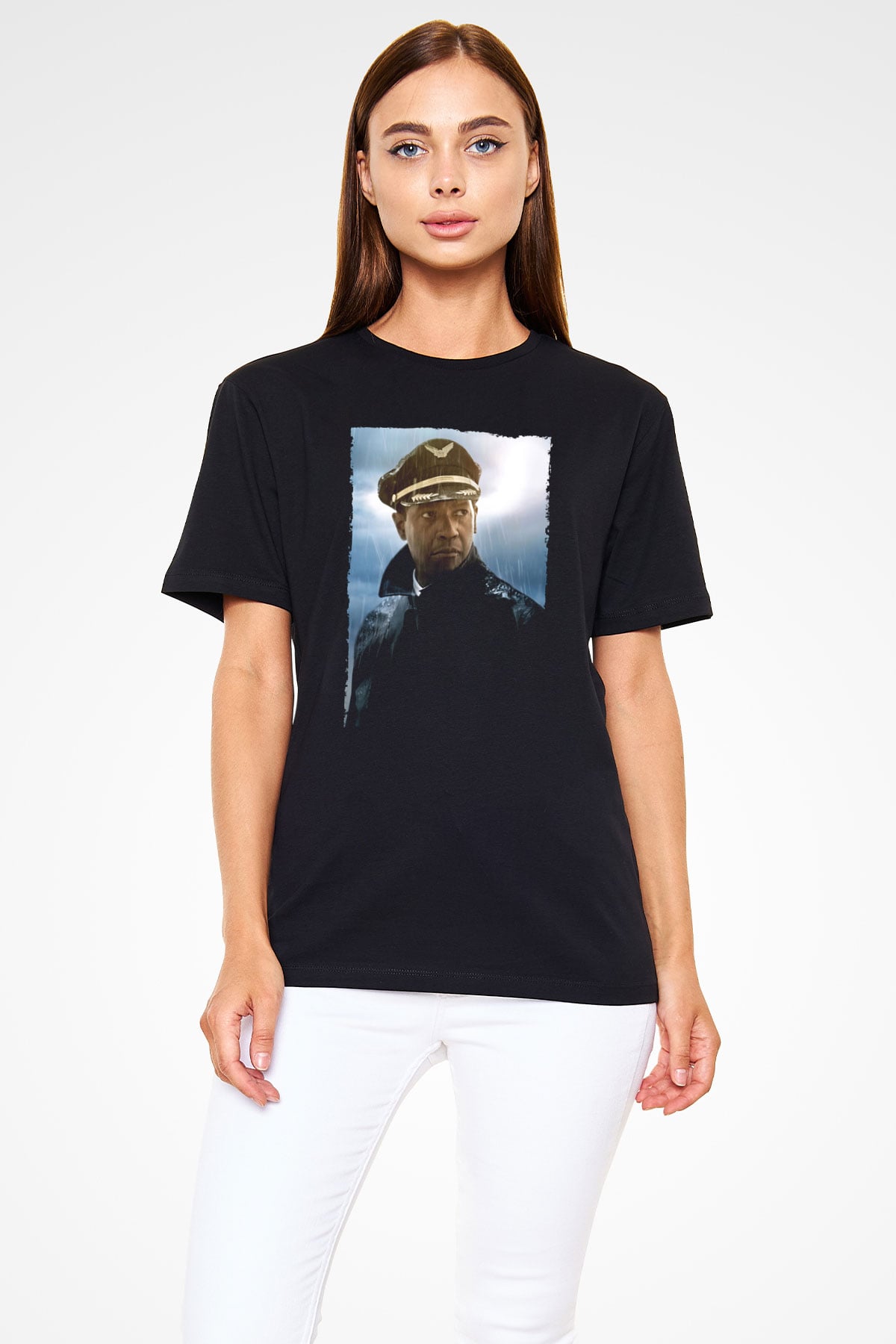 Unisex Uçuş (Flight) Baskılı Siyah T-shirt